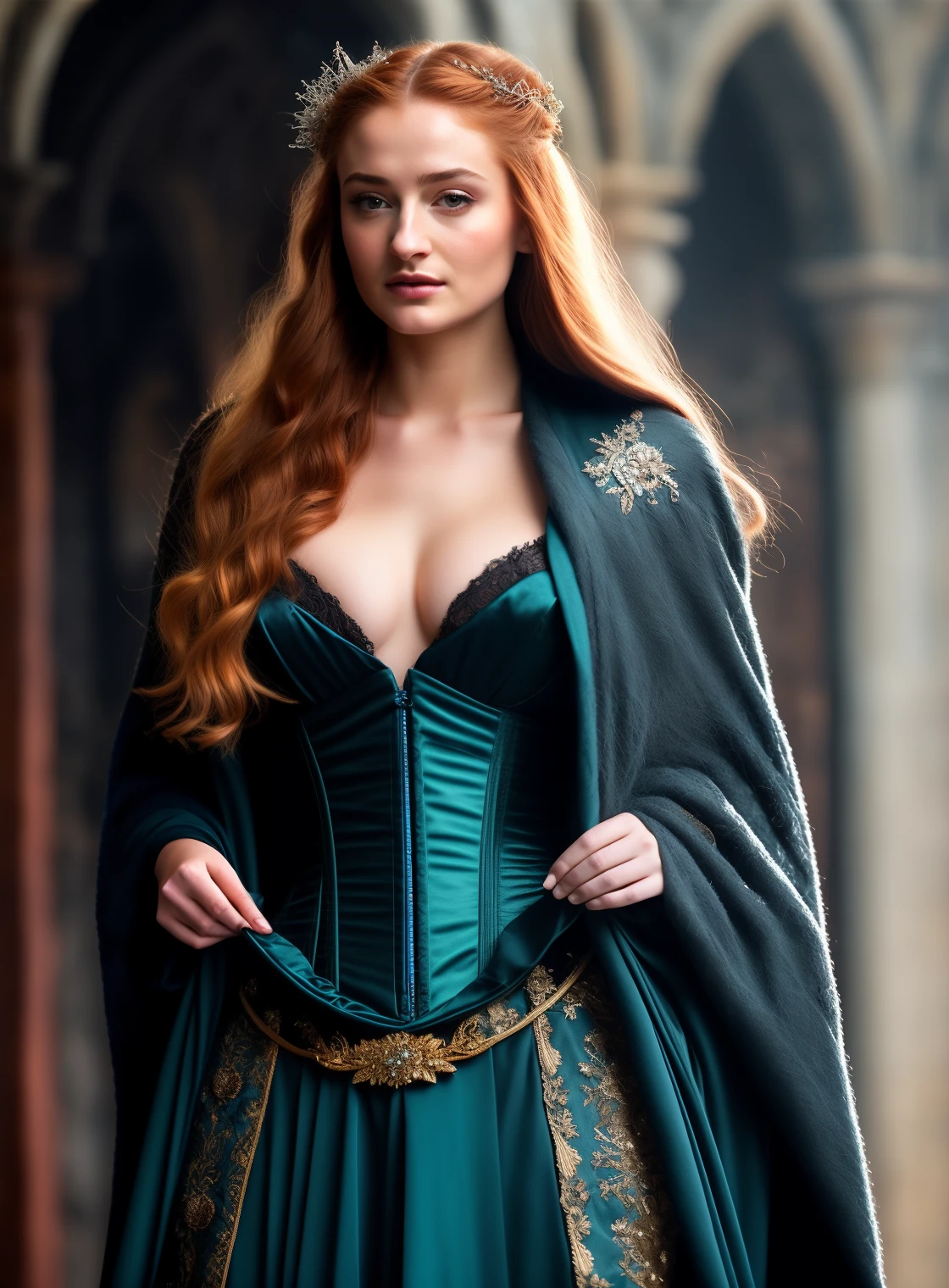 Sansa Stark: a robust portrayal, Sansa Stark as a Lady of Winterfell, Beautiful, thick and full-figured, exuding confidence, Wearing a fur-lined, deep blue dress that hugs her curves with the direwolf sigil embroidered prominently, A luxurious fur cloak drapes over her shoulders, symbolizing her status and the cold of the North, Her auburn hair is intricately braided, interwoven with icy blue gemstones representing the frost of Winterfell, The Lush Rose of Highgarden, Sansa draped in the golden warmth of a southern-inspired gown to emphasize her full figure, symbolizing alliance with Highgarden, An elegant, erotic cut that tastefully accentuates her form, carrying roses and thorns motifs, A voluptuous corset with floral embroidery and lace edges, showing the influence of Highgarden fashion, Posing with a serene smile, an intricate rose crown sitting atop her flowing hair, The Queen in the North, A majestic and voluptuous Sansa in ceremonial armor-styled dress that emphasizes her regality and strength, Combining leather, mail, and fine silks, creating a blend of practicality and sensuality, Fur-lined mantle and heavy cloak flowing behind her, signifying her reign in the wintry domain, Carrying an ornate sword at her hip, a symbol of her readiness to defend her kingdom, The Seductive Survivor at the Eyrie, A lush depiction of Sansa in a dress inspired by the eerie beauty of the Eyrie, with a plunging neckline and sheer sleeves, Feather motifs that recall the eerie heights of the mountain castle, coupled with sky blue and cloud-white fabrics, An erotic yet elegant costume that clings to her curves, like a bird set to soar, A haunted look in her eyes, hinting at her cunning and the tribulations she's endured,
