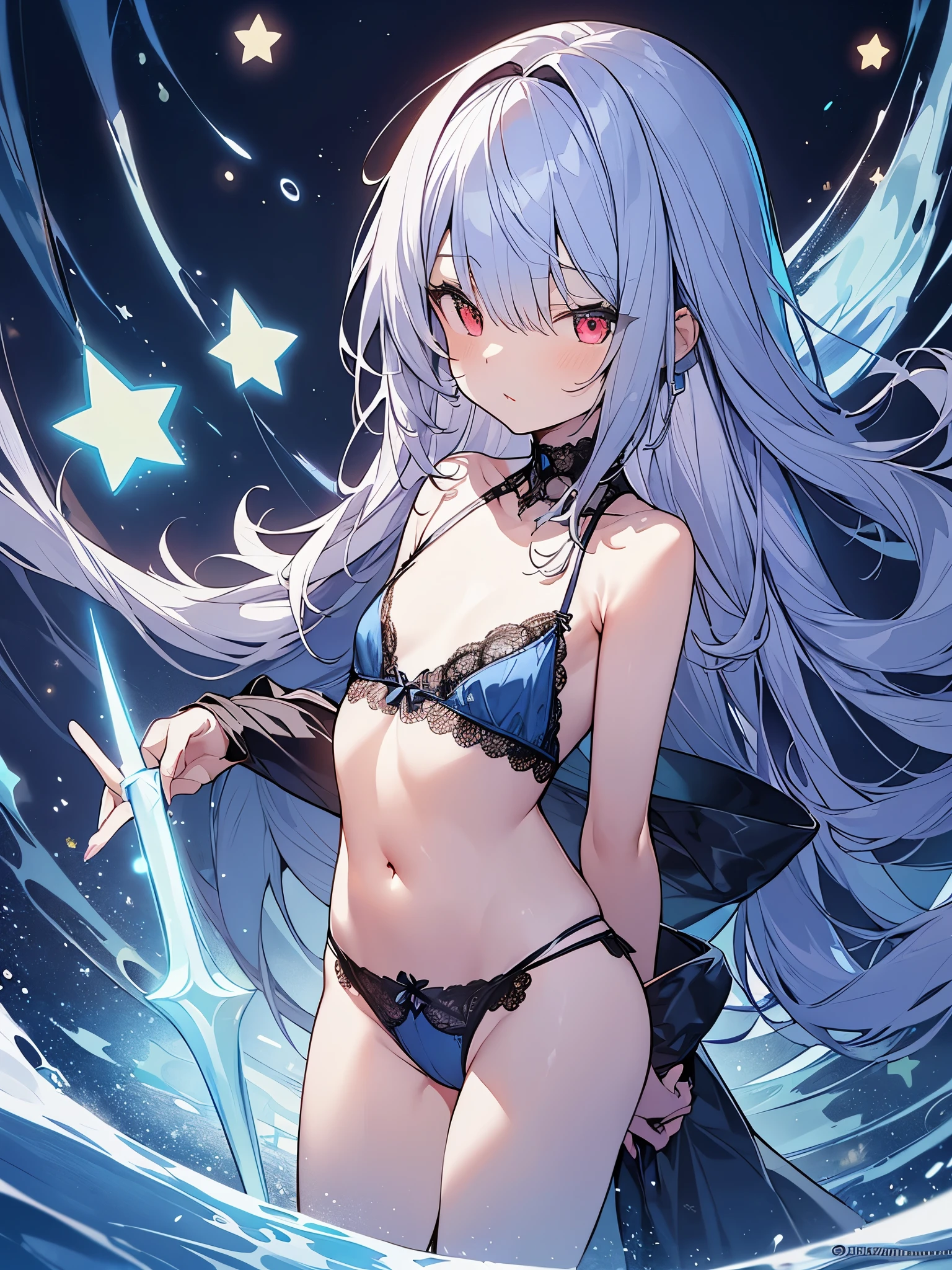 Super detailed illustrations of famous authors、cute 、Beautiful lingerie that look like lapis lazuli、women's clothing、Dressing in the opposite sex、cute、magic、flat chest、Beautiful silver hair mixed with blue、fiery red eyes、Pervert exposing lingerie,frill hair band,