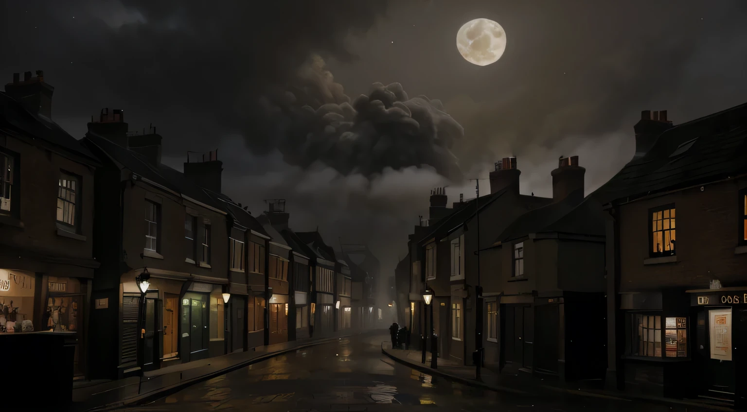 no figure, urban setting, 19th century London, London slums, few lights, nighttime, pitch black sky, dark, extremely foggy, smoke, rainy, narrow street, moon resembling skull covered by clouds, pubs, detailed