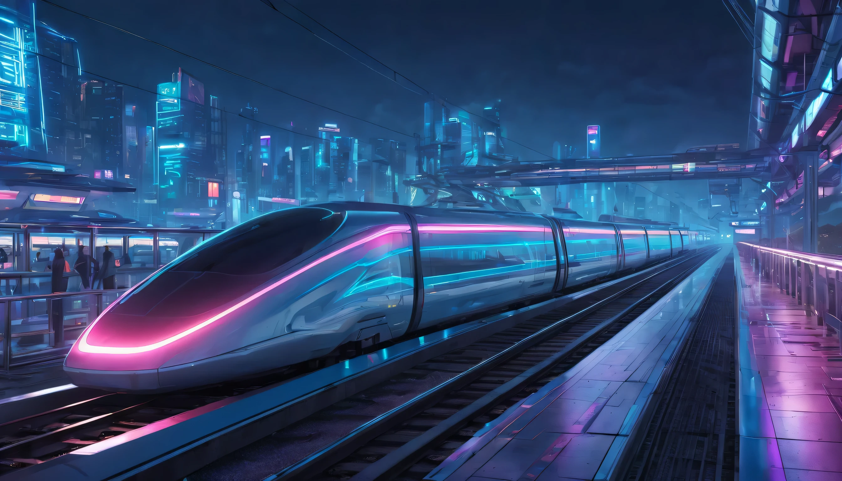Sci-fi, neon cyberpunk, maglev, train station, spectacular scenery, 4k wallpaper, highly detailed and intricate