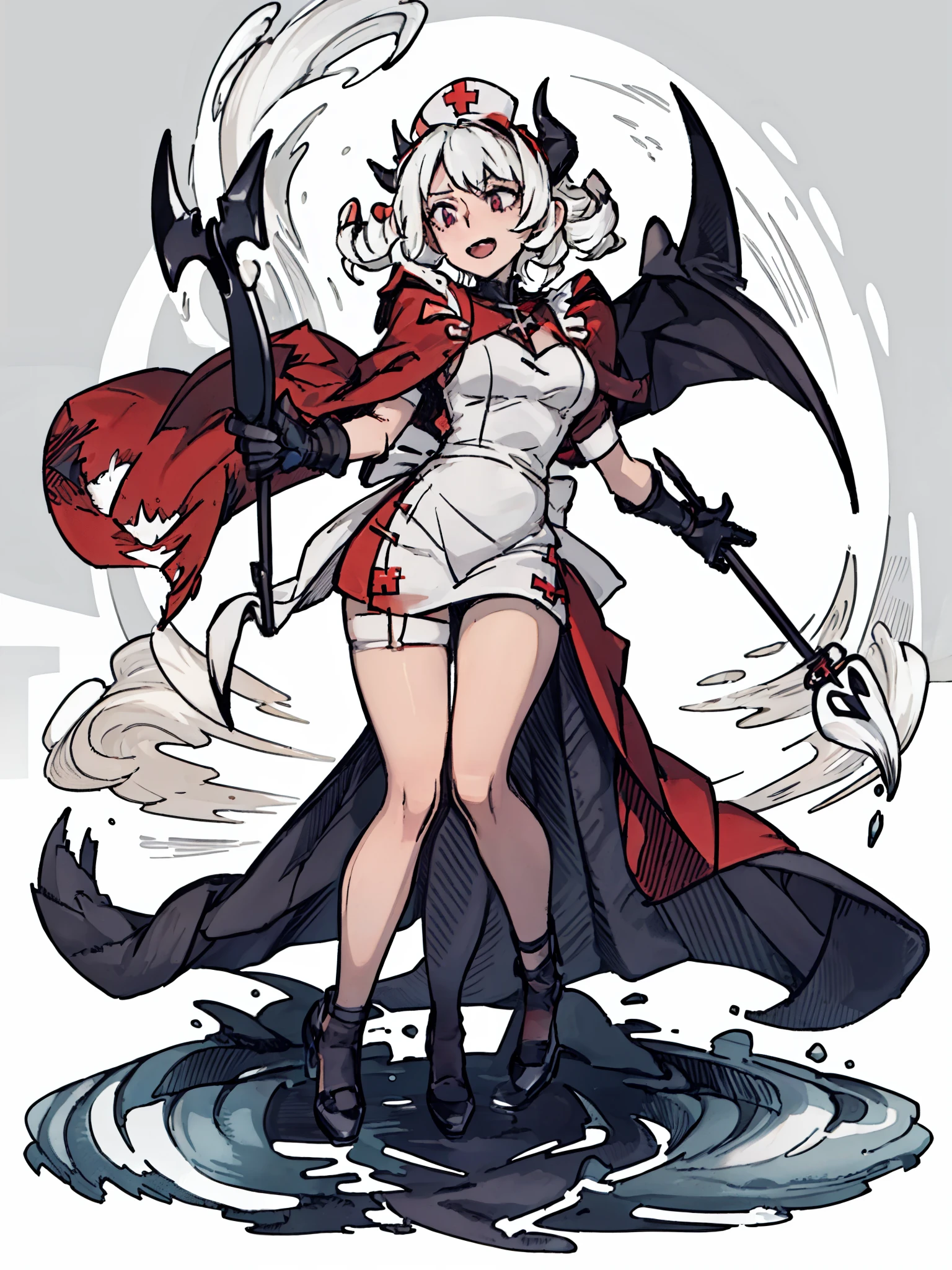 (melhor qualidade: 1.0), (super high res: 1.0), personagem extremamente detalhado, detailed hands, Half-dragon girl, chifres, scales on the neck, escamas nos ombros, scales on the forearm, escamas na bochecha, Girl with dragon tail, dragon tailed, Cabelo extremamente detalhado, cabelo curto, ((Cabelo branco)),((mechas pretas)), olhos extremamente detalhados, olho com cores diferentes, Heterocromia, olho direito branco, olho esquerdo preto, dragon eyes, 2D, Arte de Anime, ((corpo inteiro)), standing on her feet, medieval, RPG, olhar perverso, rindo, low water, olho de estrela, olho estrelado