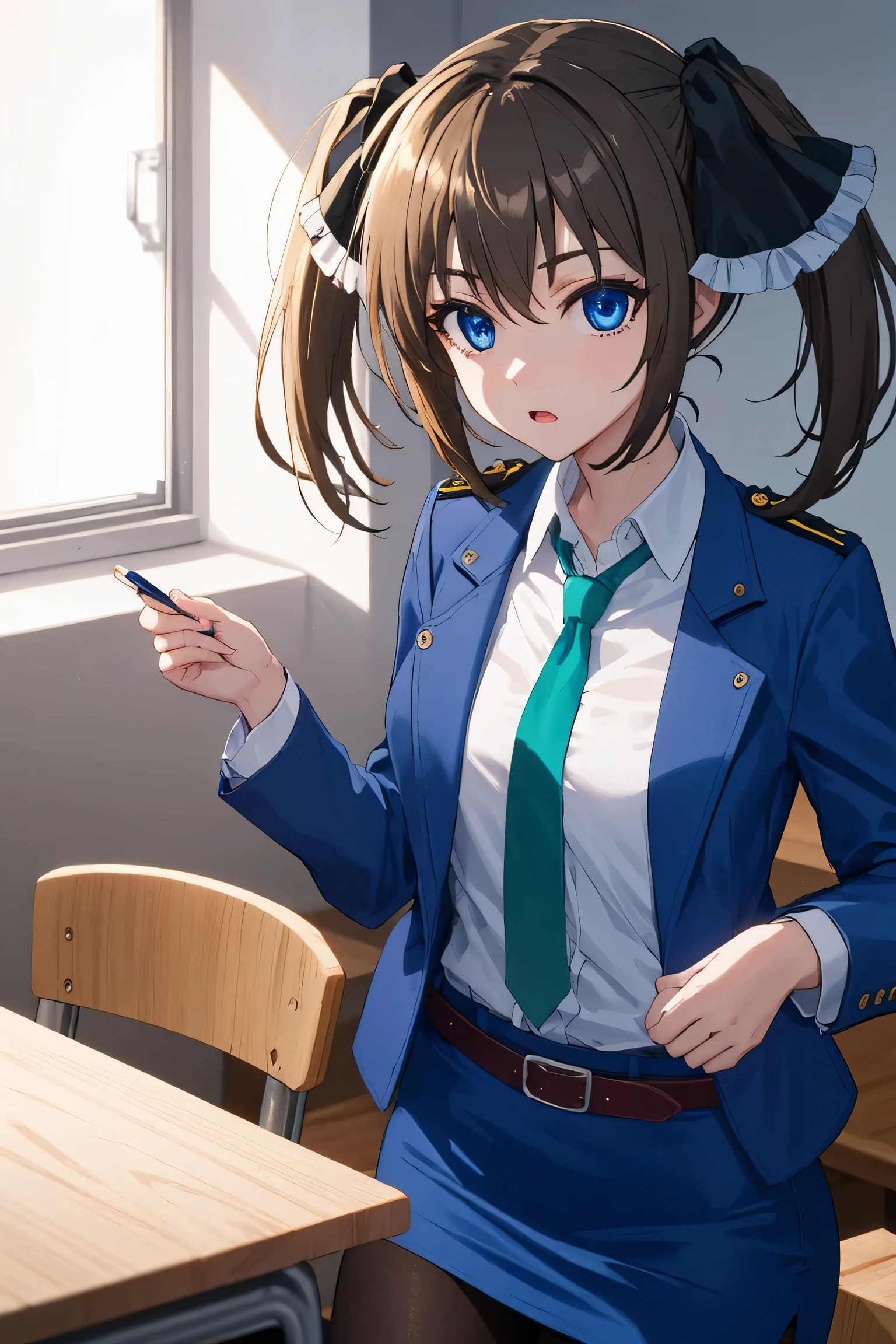 minatsushiina, minatsu shiina, blue eyes, brown hair, ribbon, twintails, hair ribbon,
BREAK ((open clothes:1.2), police uniform, blue jacket, collared shirt, green necktie, pencil skirt, blue skirt, belt, pantyhose:1.2)
BREAK indoors, classroom,
BREAK dancers,
BREAK (masterpiece:1.2), best quality, high resolution, unity 8k wallpaper, (illustration:0.8), (beautiful detailed eyes:1.6), extremely detailed face, perfect lighting, extremely detailed CG, (perfect hands, perfect anatomy),