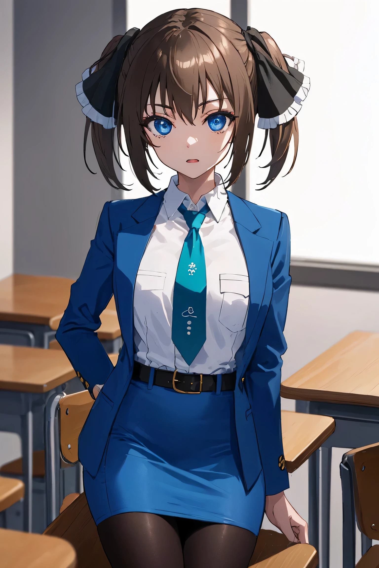 minatsushiina, minatsu shiina, blue eyes, brown hair, ribbon, twintails, hair ribbon,
BREAK ((open clothes:1.2), police uniform, blue jacket, collared shirt, green necktie, pencil skirt, blue skirt, belt, pantyhose:1.2)
BREAK indoors, classroom,
BREAK dancers,
BREAK (masterpiece:1.2), best quality, high resolution, unity 8k wallpaper, (illustration:0.8), (beautiful detailed eyes:1.6), extremely detailed face, perfect lighting, extremely detailed CG, (perfect hands, perfect anatomy),