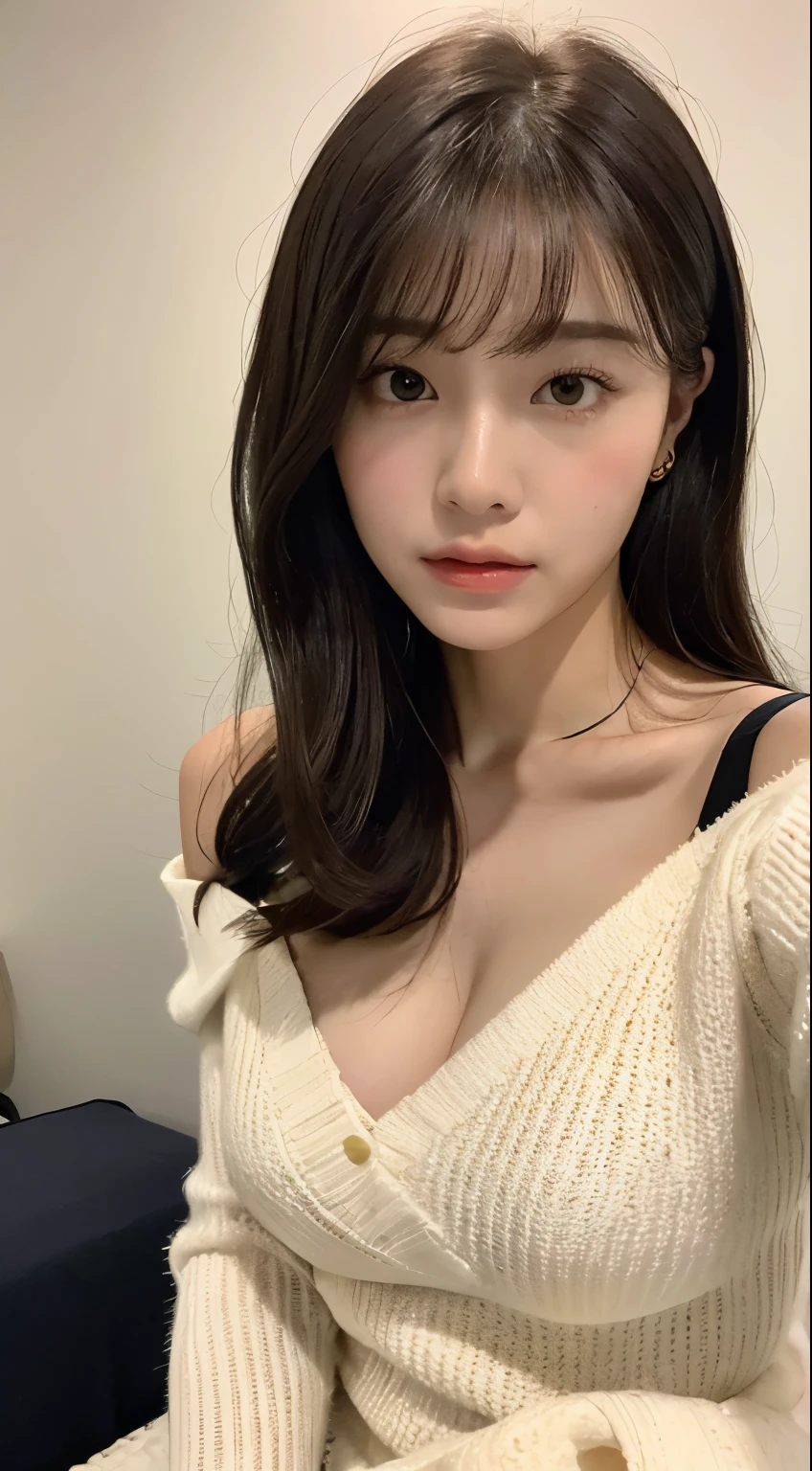 ((realistic dim lighting, best quality, 8k, master piece:1.3)), sharp focus:1.2, 1 girl, selfie、beautiful woman with perfect figure:1.4, young woman、Female college student、clavicle, ((dark brown hair)), (letting down one&#39;s bangs),（exterior，in the middle of the night：1.1），Sit on a bed in the room，Extra-fine face，fine eyes，double eyelid，white knit、off shoulder dress、cleavage、medium long hair、cute、thin