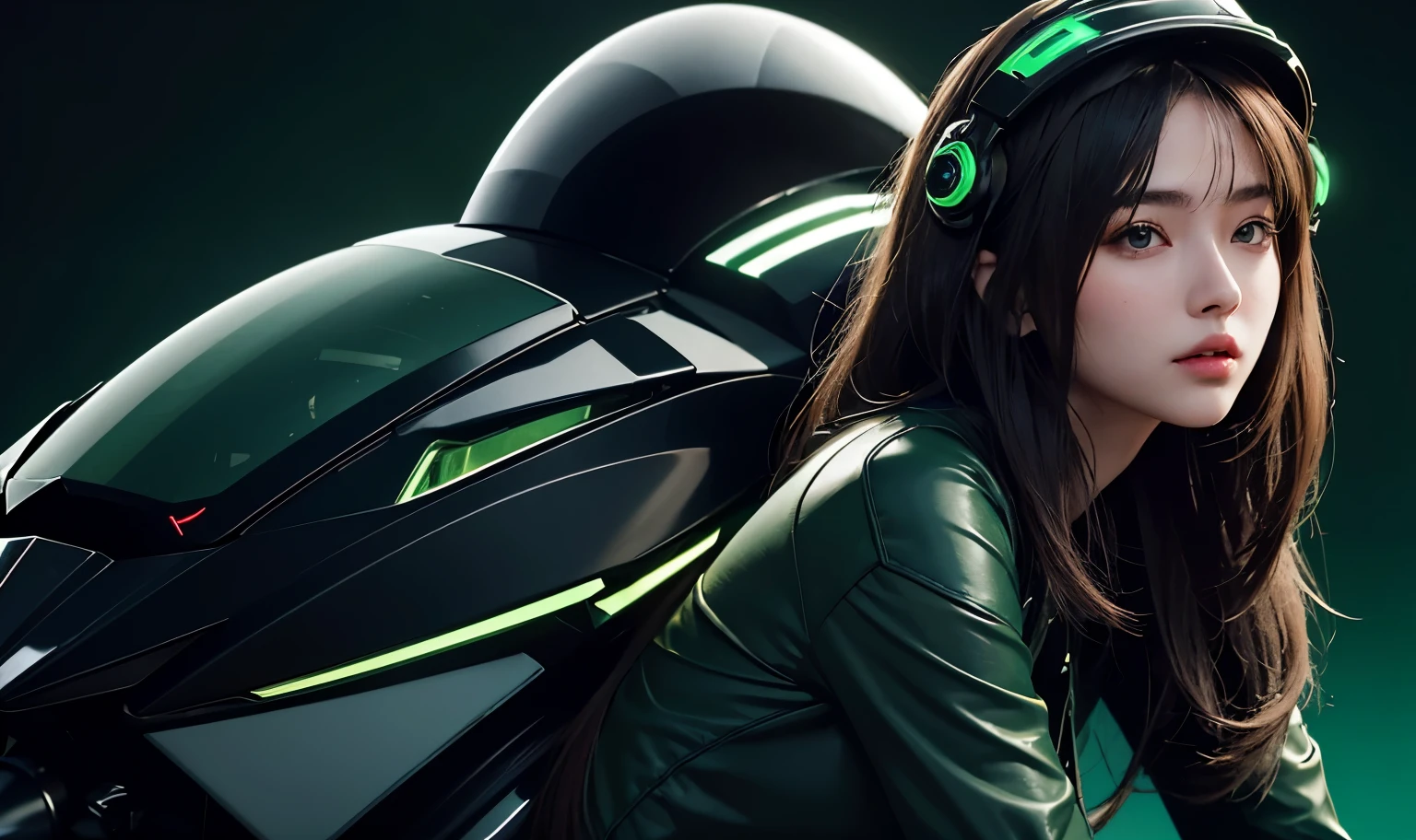 best image quality, excellent details, ultra high resolution, (realism: 1.4), best illustrations, Favor details, condensed 1girl, With a delicate and beautiful face, Dressed in a black and green mecha, wearing a mechanical helmet, with directional controller, riding a motorcycle, The background is a high-tech lighting scene of a futuristic city.