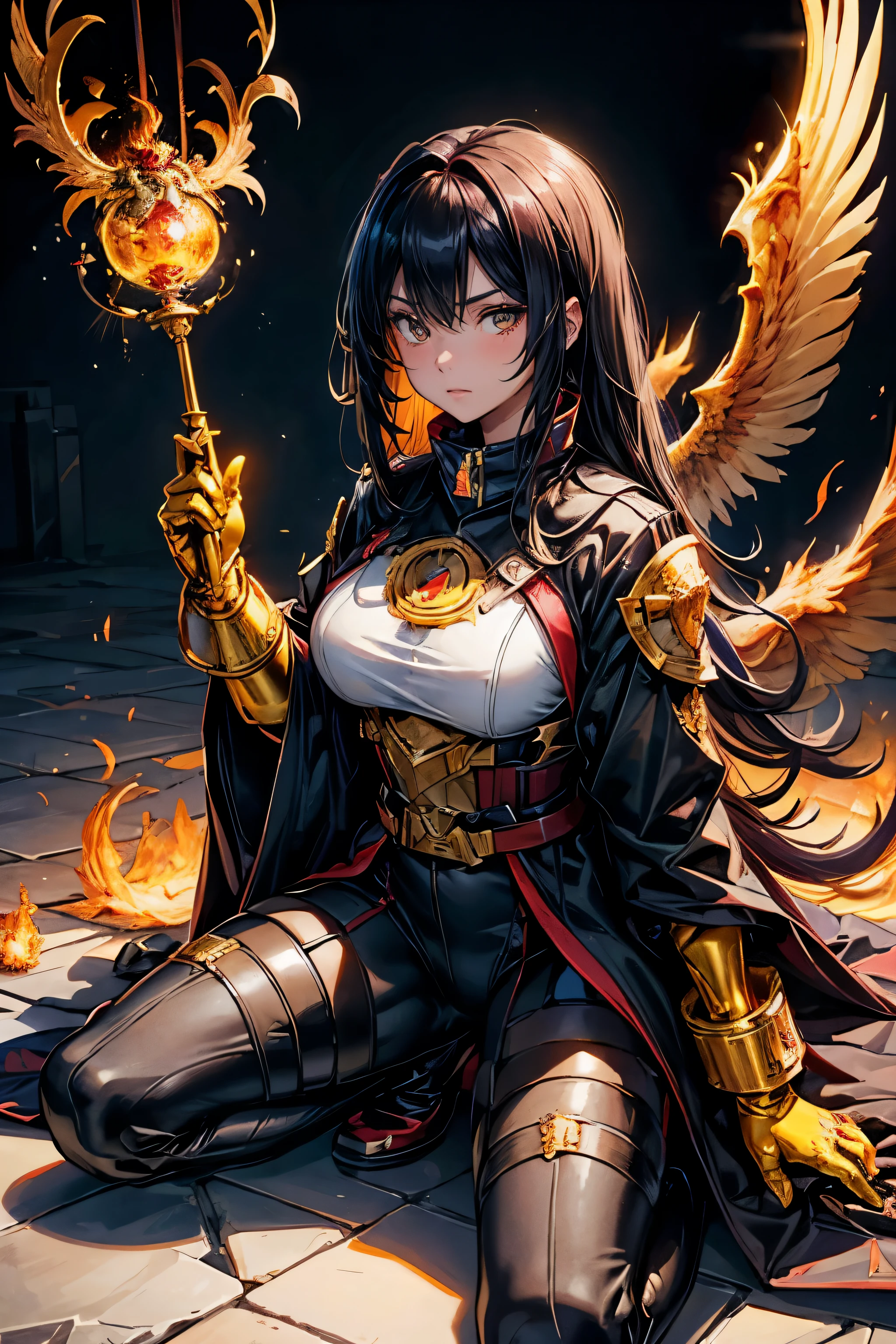 1girl,hoenix keeper, fireproof suit with a golden phoenix emblem, fire cage with obsidian bars, phoenix nest with shimmering golden feathers, talon gloves for handling the phoenix, fire ruby for feeding the phoenix,