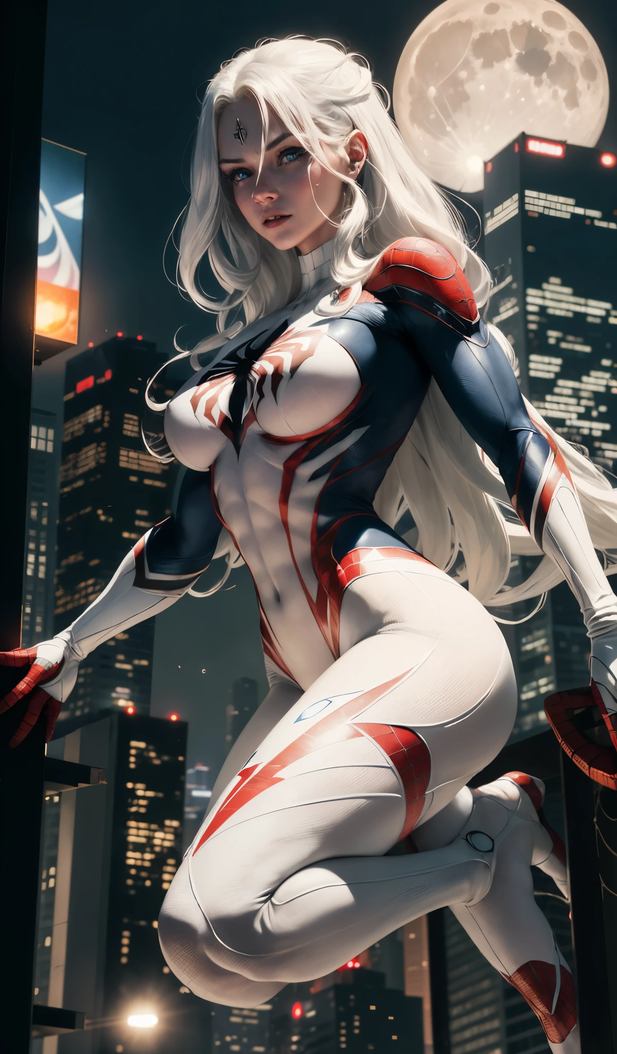 (Masterpiece, 4k resolution, ultra-realistic, very detailed), (White superhero theme, charismatic, there's a girl on top of town, wearing Spider-Man costume, she's a superhero), [ ((25 years), (long white hair:1.2), full body, (blue eyes:1.2), ((Spider-Man pose),show of strength, jumping from one building to another), ((sandy urban environment):0.8)| (cityscape, at night, dynamic lights), (full moon))] # Explanation: The Prompt mainly describes a 4K painting of ultra-high definition, very realistic, very detailed. It shows a superheroine at the top of the city, wearing a Spider-Man costume. The theme in the painting is a white superhero theme, the female protagonist has long white hair, is 25 years old and her entire body is shown in the painting. In terms of portraying the actions of superheroines, spiders are employed