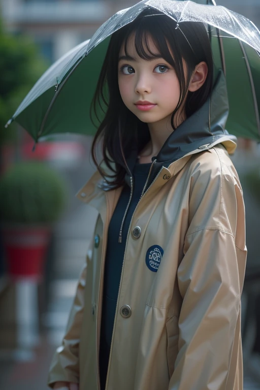 Ultra High Resolution, (Realistic: 1.4), RAW Photo, Best Quality, (Photorealistic), Focus, Soft Light, ((15 years old)), ((Japanese)), (Front, Young Face))), (Depth of Field), (One Piece), Masterpiece, (Photoreal), Woman, Bangs, (( raincoat, 1 Girl))