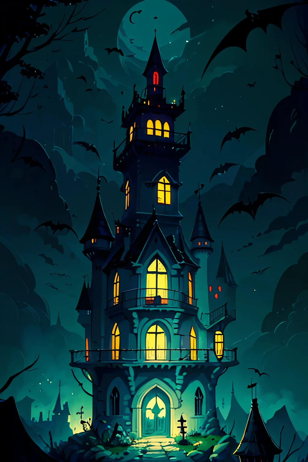 (creepy castle: 1.5), (on rock: 1.2), (at night: 1.1), (haunted gothic palace: 1.3), (in mountains: 1.2), (building: 1.4), (with pointed tower roofs: 1.3), (glowing windows: 1.2), (bats flying: 1.1), (dark sky: 1.1), (Fantasy Dracula home: 1.3), (Cartoon vector illustration: 1.4), (Suspenseful: 1.2), (Mysterious: 1.2), (E