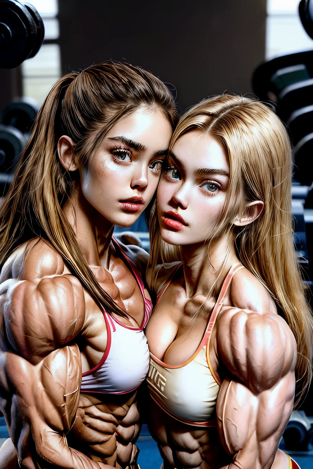 (2 girls body builders:1.6), ((masterpiece)), best quality, ultra-detailed:1.7, finely detail, high resolution:1.6, perfect dynamic composition, beautiful detailed faces:1.77, blonde babes:1.88, perfect red lipstick, perfect makeup:1.8, short denim bikini , large breasts:1.4, lovely look:1.7, gorgeous face:1.6, defined muscles:1.4, beautiful faces:1.8, alessandra ambrossio, izabel goulart, Kate Upton, Gigi Hadid, candice swanpoel ,popped out dense veins on muscles:1.8, hyper detailed picture:1.4, 8k resolution: 1.7, flex muscles:1.3, hyper muscular body shape:1.42, photorealistic:1.5, realistic:1.6, face masterpiece:1.74, good and professional lighting on picture:1.38, Ukrainian-Moroccan muscle beauty goddess, masterpiece 22 years old Ariana Grande and Madison Beer as bodybuilders, extremely high resolution, hyper feminine beauty , hyper realistic texture, hyper muscularity, hyper vascularity, ass of titanium, muscles of steel, ripped body shape, ripped sexy ass with bikini, muscular ass , topless, kissing, good face details, hyper face detailing, doing sex, super romantic moment, hyper romantic, romantic kiss, nude females, perfect symmetrical face, sexy french kiss with tongues, serious muscle posing, serious female bodybuilders