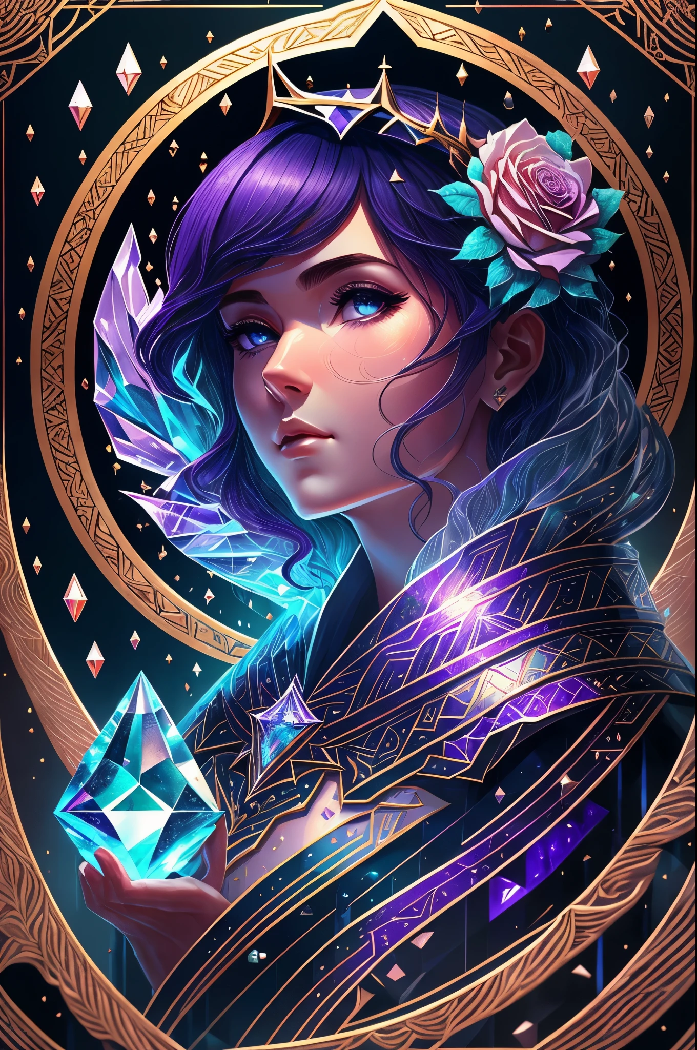 （Carta Rei do Jogo:1.5, Simetria rotacional), (tiro de vaqueiro),Minimalist compositions,ondas do oceano,Magic diamond roses, cristal requintado, armadura de cristal requintada，Fio Eletroluminescente,brilho sonhador，Arte digital conceitual,roxo e cinza,(Muito detalhado, Reasonable design, Linhas claras, Alta Nitidez,melhor qualidade, obra de arte, 4k )