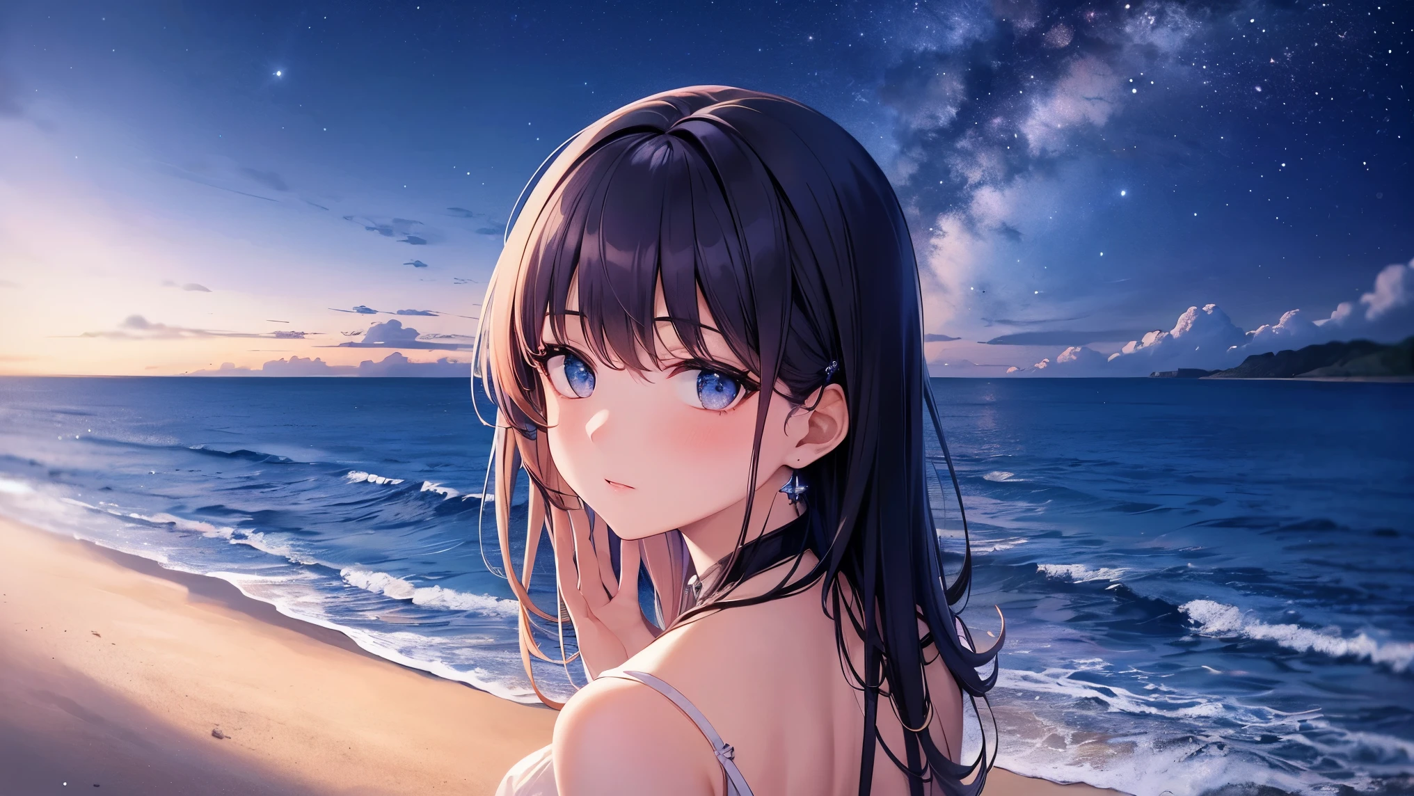 sea view with palm trees, Night sky with beautiful Milky Way,A woman turns her back and looks up at the sky,High resolution, 8k