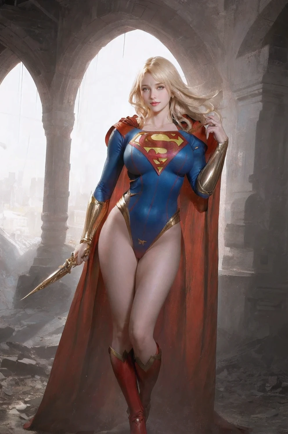 (superman grabbing supergirl, blonde hair), huge breasts, torn clothes, shirt rip, thick outlined, masterpiece, best quality, 8k, official art, sharp focus, detailed, woman superhero, high leg leotard, very long hair, panties aside, leotard aside, by J. Scott Campbell, charliebo artstyle, large insertion, size difference, large penis, sex, vaginal, stomach bulge, belly, [inflation], 1boy, 1girl,