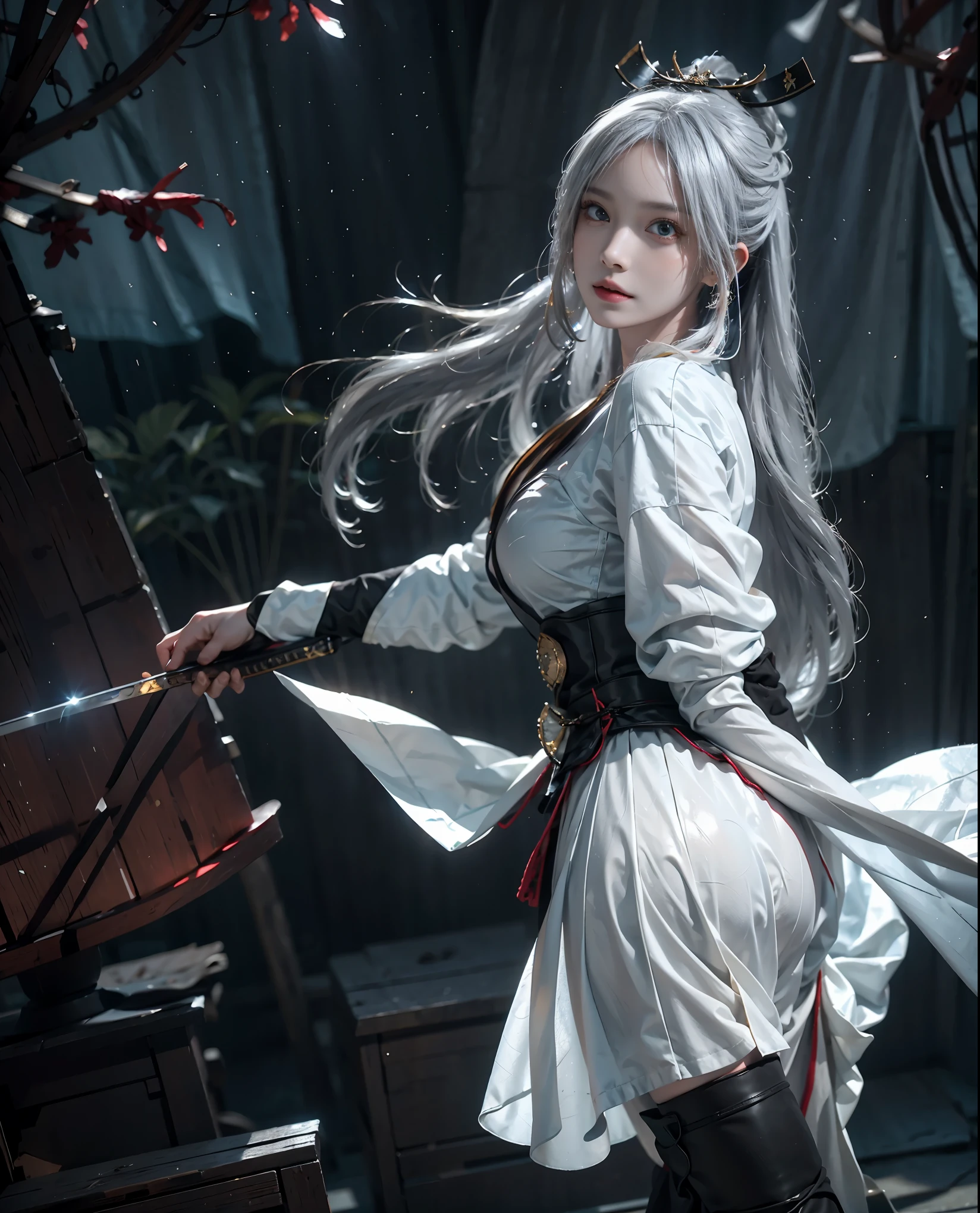 lifelike, high resolution, soft Light,1 female, alone, Buttocks up, (Detailed face), us \(piece\), tattoo, jewelry,long_hair, firefly, Light_particle, 松tree_tree, snowflake_background, milky_Way, antenna_fireworks, headgear, Place arms behind body, blue_Eye, Samurai sword
