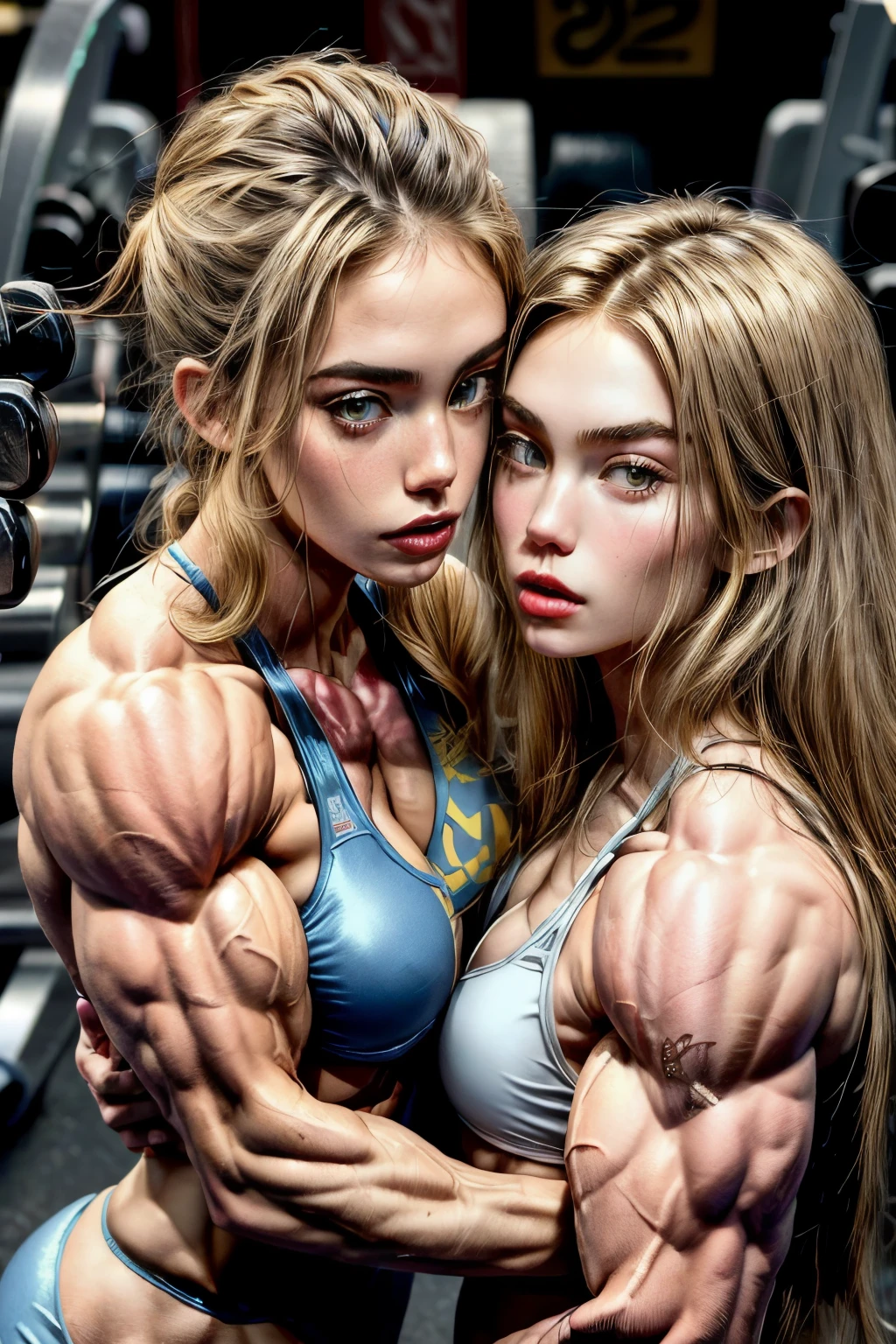 (2 girls body builders:1.6), ((masterpiece)), best quality, ultra-detailed:1.7, finely detail, high resolution:1.6, perfect dynamic composition, beautiful detailed faces:1.77, blonde babes:1.88, perfect red lipstick, perfect makeup:1.8, short denim bikini , large breasts:1.4, lovely look:1.7, gorgeous face:1.6, defined muscles:1.4, beautiful faces:1.8, alessandra ambrossio, izabel goulart, Kate Upton, Gigi Hadid, candice swanpoel ,popped out dense veins on muscles:1.8, hyper detailed picture:1.4, 8k resolution: 1.7, flex muscles:1.3, hyper muscular body shape:1.42, photorealistic:1.5, realistic:1.6, face masterpiece:1.74, good and professional lighting on picture:1.38, Ukrainian-Moroccan muscle beauty goddess, masterpiece 22 years old Ariana Grande and Jennifer Lopez as bodybuilders, extremely high resolution, hyper feminine beauty , hyper realistic texture , extra large , hyper muscularity, hyper vascularity, ass of titanium, muscles of steel, ripped body shape, ripped sexy ass with bikini, muscular ass , topless, kissing, good face details, hyper face detailing, doing sex, super romantic moment, hyper romantic, romantic kiss, nude females, perfect symmetrical face, sexy french kiss with tongues, serious muscle posing