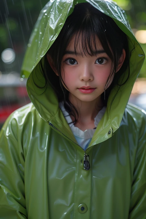 Ultra High Resolution, (Realistic: 1.4), RAW Photo, Best Quality, (Photorealistic), Focus, Soft Light, ((15 years old)), ((Japanese)), (Front, Young Face))), (Depth of Field), (One Piece), Masterpiece, (Photoreal), Woman, Bangs, (( raincoat, Rainy,1 Girl))