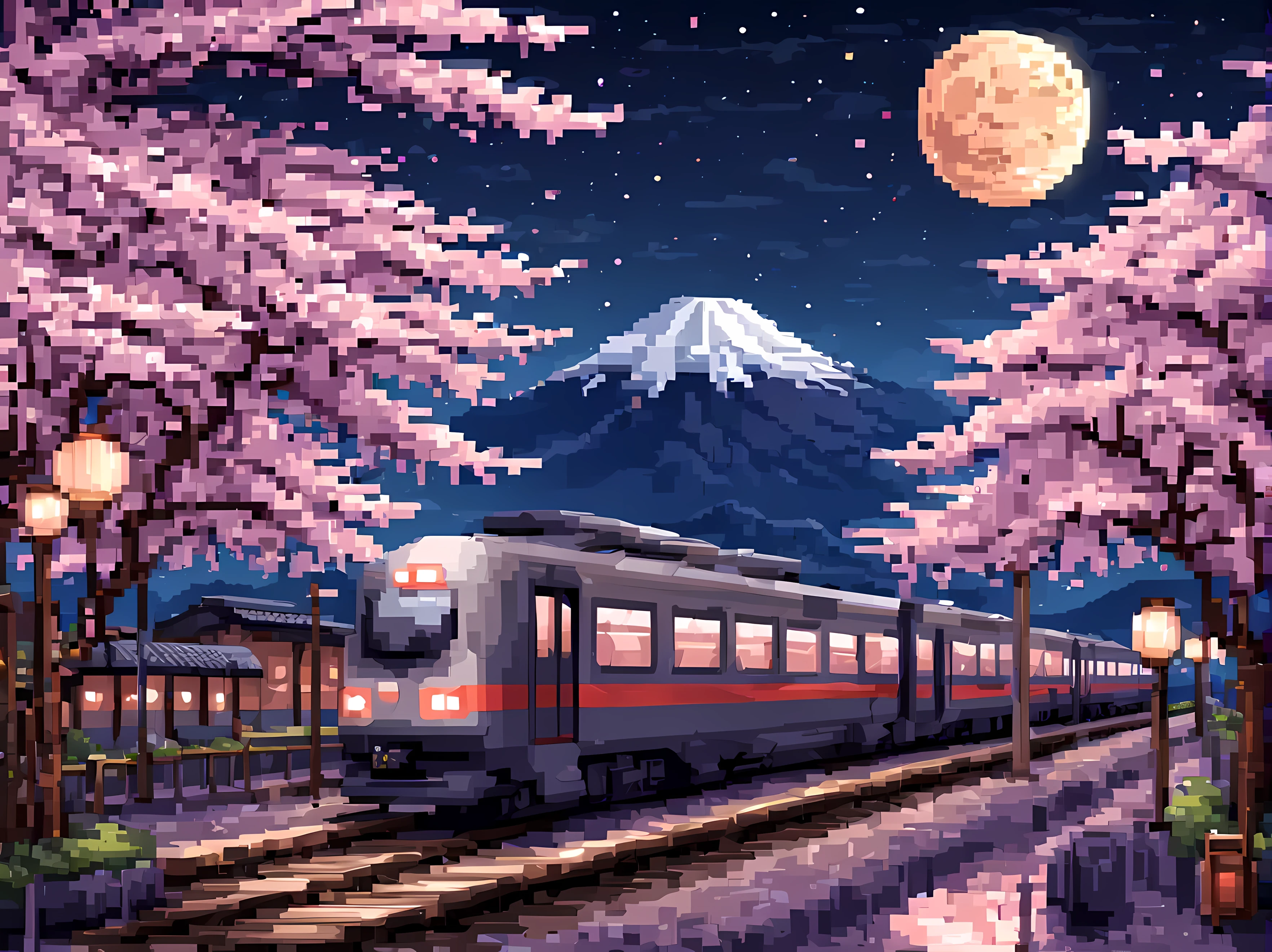 Pixel art, a captivating scene of a Japanese train station on a starry spring night with a full moon, a sleek futuristic train at the platform, surrounded by blooming Sakura trees, traditional elements like lanterns and wooden benches, Mount Fuji in the background, masterpiece in maximum 16K resolution, superb quality. | ((More_Detail))