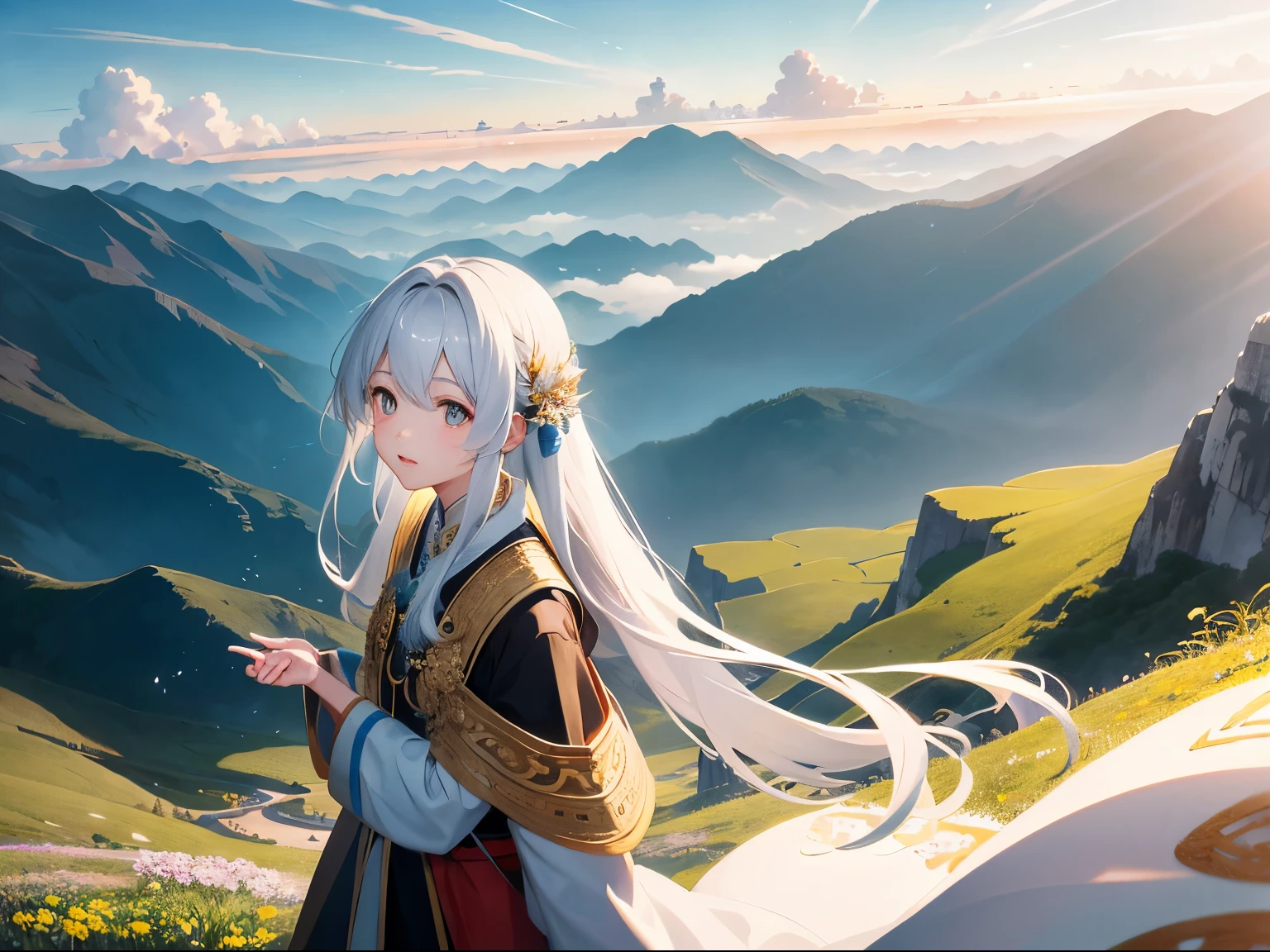 Hoang Lap, High resolution, (official fine art, beauty feeling:1.2), close, shining sky, wide world, daughter, look down, an awe-inspiring expression, distant horizon, cloud, high hill, beauty of nature, Inspiration, light effect,white long hair