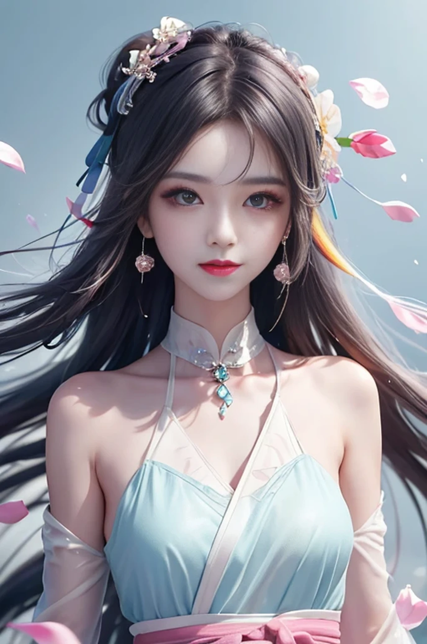 （pink fashion t-shirt，：1.9），（colorful hair：1.8），（all the colors of the rainbow：1.8），（（（（Vertical pintng：1.6)）），（work：1.6），front，漫painting,shape,work,Big eyes,crystal clear,（Rainbow colored gradation high ponytail：1.7）,apply makeup carefully,please keep your mouth shut,(little fresh:1.5),long eyelashes,White shoulder T camisole，, white shoulder shirt，looking at the audience，水汪汪的Big eyes，(rainbow hair：1.6), Color splash, （alone：1.8）, Color splash, explosion of colors, Color splash, explosion of colors, Thick painting style，messy lines，((shining,)) ，(rich and colorful，，，，), Thick painting Style, (splash) (Color splash), Vertical paintinging, Upper body, painting splash, acrylic paint, slope, painting, best image quality, 最高painting质, masterpiece, alone, written boundary depth, Face painting, rich and colorful clothes, (grace: 1.2), nice, long hair, made of wind, (grace: 1.3), (like petals: 1.4)，(((masterpiece))),(((highest quality))),((Super detailed)),(shape),(dynamic angle),Two Asian women are sitting  on the bed and looking at each other, chest, , , black hair, belly button, realistic, 1 girl, Indonesian, Upper bodyのポートレート, big smile, Smooth skin texture, ((floating)),(pint),((hair removal)),(alone),(1 girl) , (( (Detailed anima face))),((beautiful and delicate face)),collar,bare shoulders,gray hair,((colored hair)),((striped hair)),beautiful and delicate eyes,(slope eyes),(( （colored eyes））），（（（rich and colorfully background））），（（（high color saturation））），（（（Surrounded by rich and colorful splashes））），（）Hanfu）