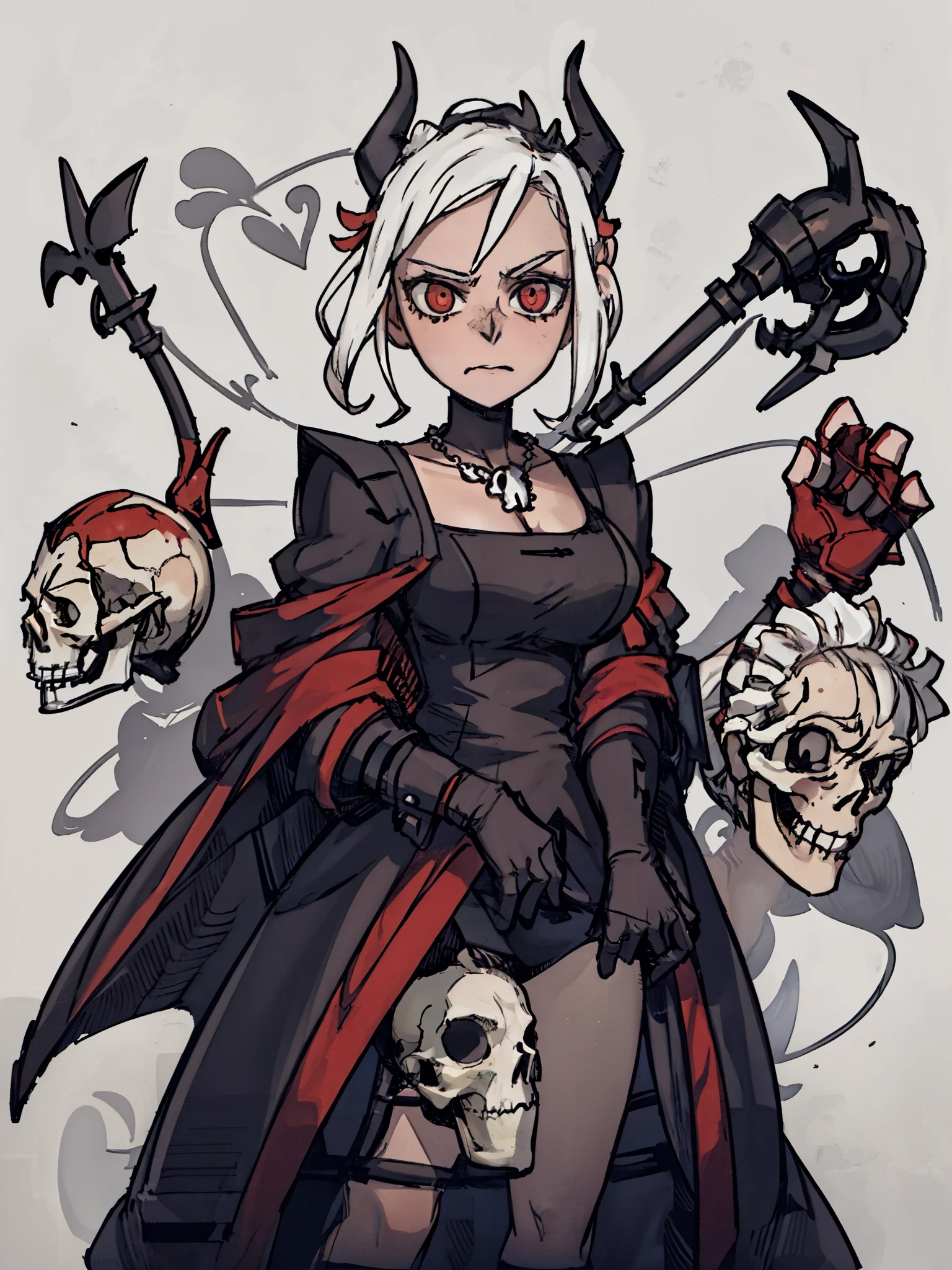 ((a woman,Death knight,Huge skull necklace,maid outfit,Skeleton Scepter,red cloak,curly hair, )),front,Half body,white hair,black devil horns,temperament,grace,Damia,Mature,gentle,kindly,Different world,middle Ages,White background
