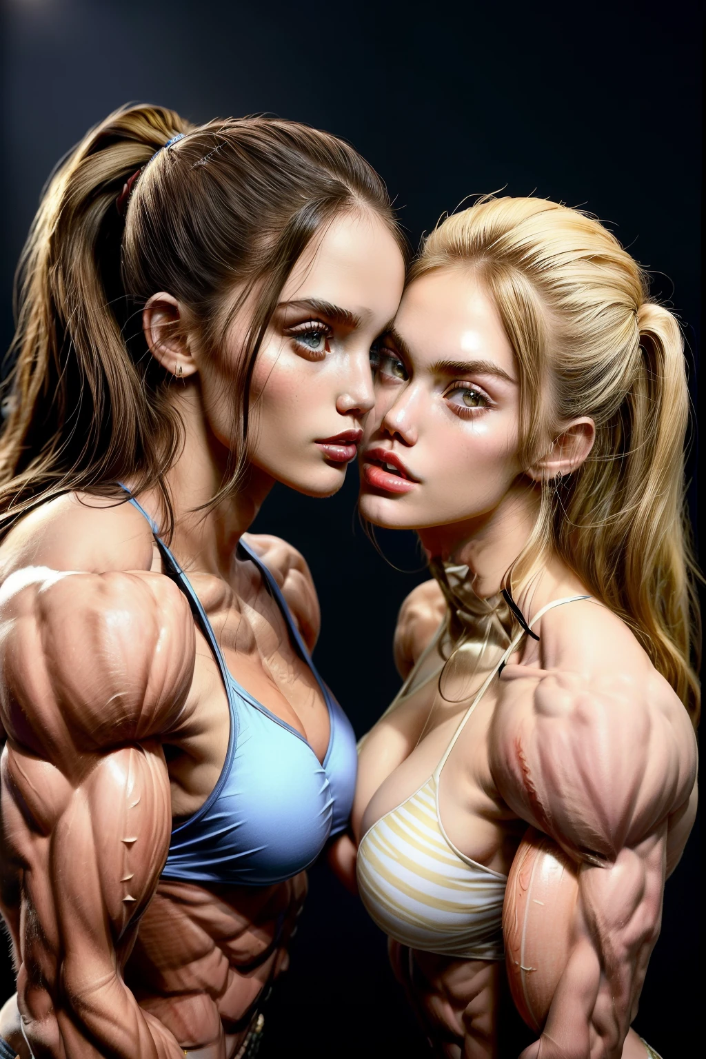 (2 girls body builders:1.6), ((masterpiece)), best quality, ultra-detailed:1.7, finely detail, high resolution:1.6, perfect dynamic composition, beautiful detailed faces:1.77, blonde babes:1.88, perfect red lipstick, perfect makeup:1.8, short denim bikini , large breasts:1.4, lovely look:1.7, gorgeous face:1.6, defined muscles:1.4, beautiful faces:1.8, alessandra ambrossio, izabel goulart, Kate Upton, Gigi Hadid, candice swanpoel ,popped out dense veins on muscles:1.8, hyper detailed picture:1.4, 8k resolution: 1.7, flex muscles:1.3, hyper muscular body shape:1.42, photorealistic:1.5, realistic:1.6, face masterpiece:1.74, good and professional lighting on picture:1.38, Ukrainian-Moroccan muscle beauty goddess, masterpiece 22 years old Ariana Grande and Jennifer Lopez as bodybuilders, extremely high resolution, hyper feminine beauty , hyper realistic texture , extra large , hyper muscularity, hyper vascularity, ass of titanium, muscles of steel, ripped body shape, ripped sexy ass with bikini, muscular ass , topless, kissing, good face details, hyper face detailing, doing sex, super romantic moment, hyper romantic, romantic kiss, nude females, perfect symmetrical face, sexy french kiss with tongues, serious muscle posing