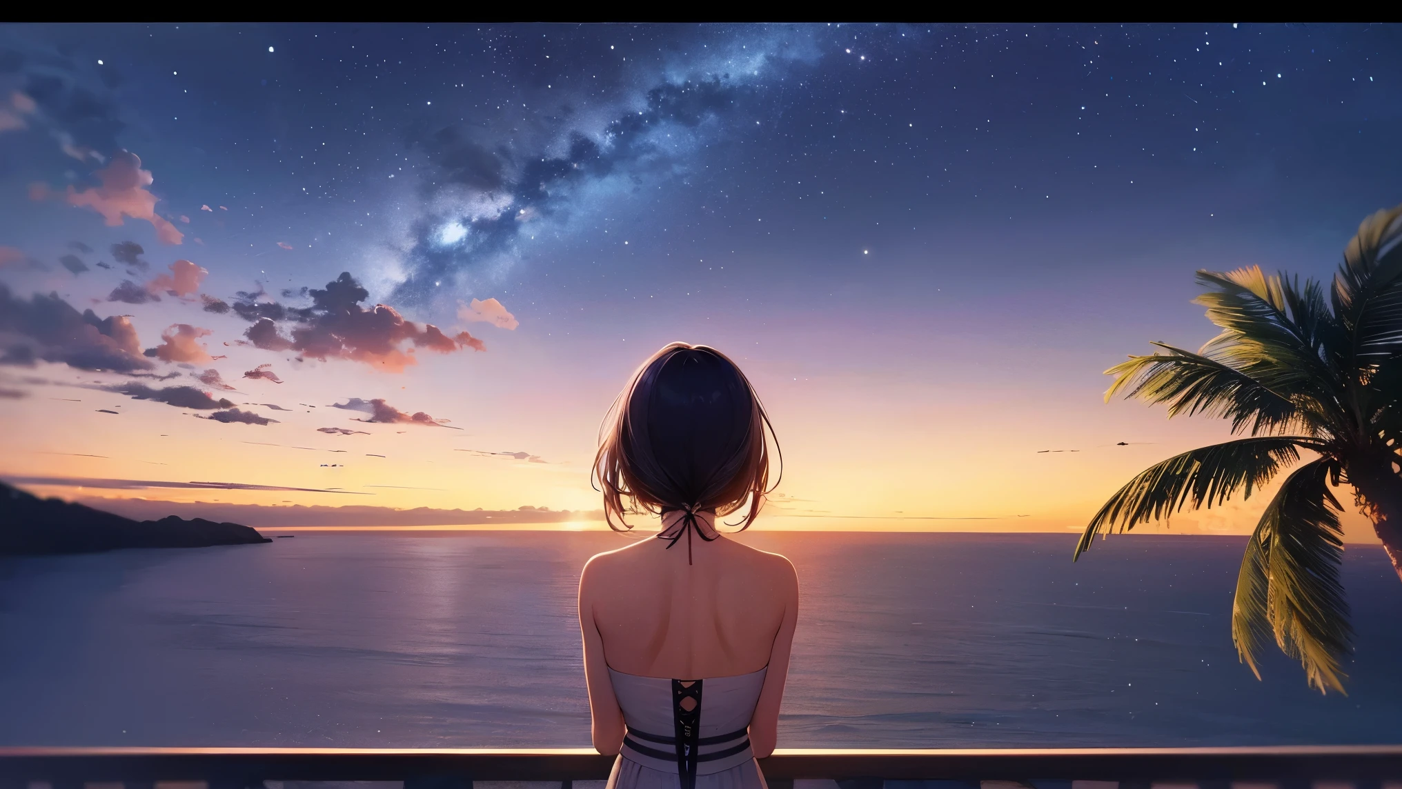 sea view with palm trees, Night sky with beautiful Milky Way,A woman turns her back and looks up at the sky,High resolution, 8k