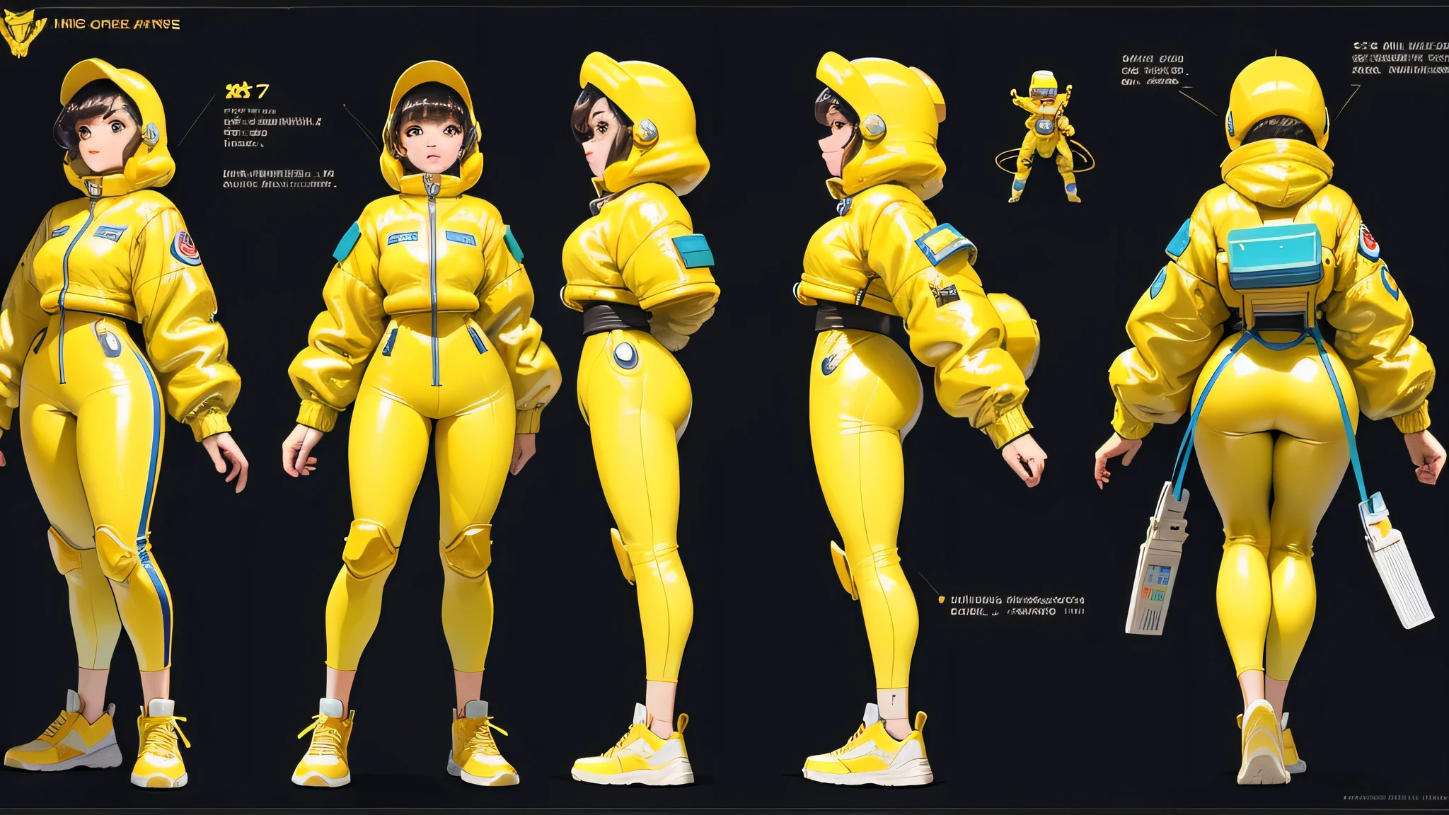 my prompt: 'woman space cadet, golden detailed retro art deco space suit, oversize, character design sheet, sneakers, different poses, different angles'