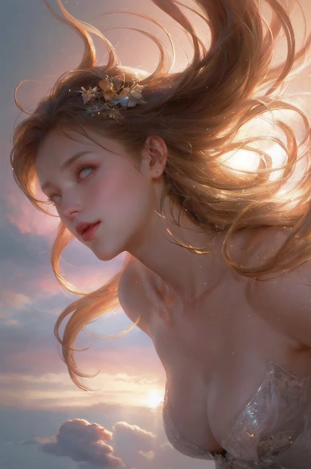 movie still, cloud girl, floating in the sky, (close-up:1.1), bright, happy, fun, warm soft lighting, sunset, sparks