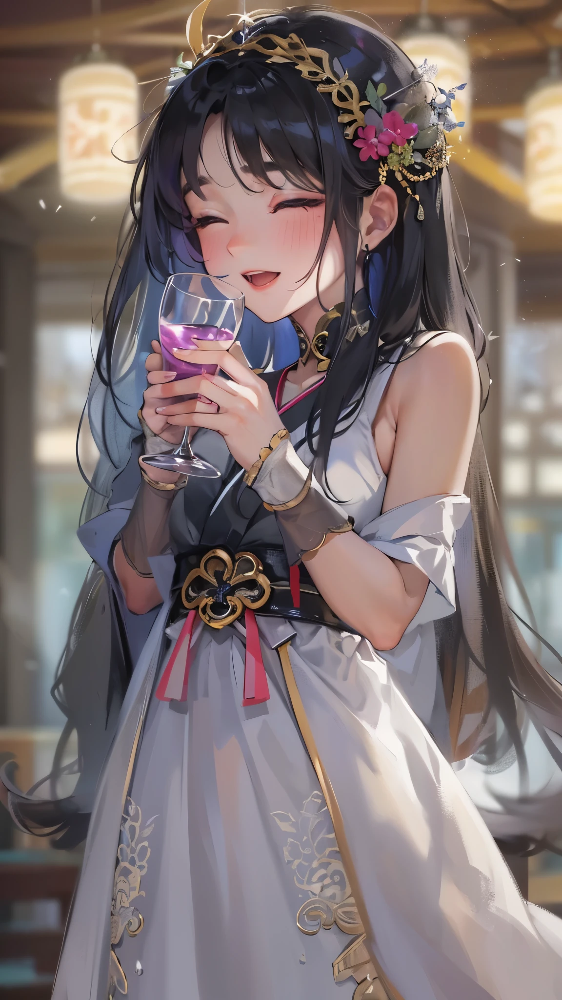 (drinking glass in grape juice) (solo:1.3 blunt:1.3 bangs black hair long hair beautiful divine girl, 14 yo, detailed closed eyes, sexy smile), in a shrine maiden costume, (background is party venue), break, perfect anatomy, masterpiece:1.3, best quality, 8k, beautiful detailed grow, daydreaming expression