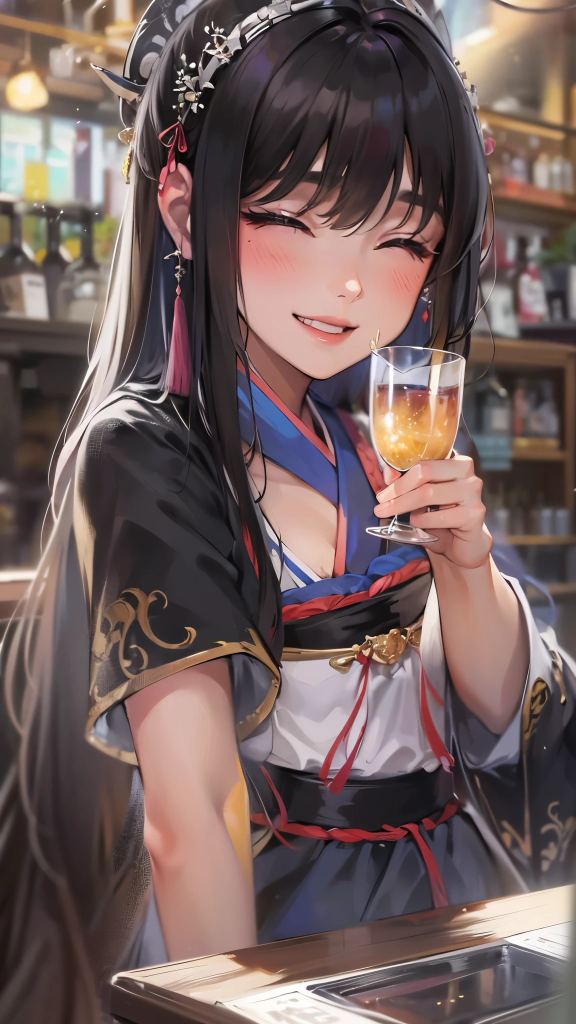 (drinking glass in grape juice) (solo:1.3 blunt:1.3 bangs black hair long hair beautiful divine girl, , detailed closed eyes, sexy smile), in a shrine maiden costume, (background is party venue), break, perfect anatomy, masterpiece:1.3, best quality, 8k, beautiful detailed grow, daydreaming expression