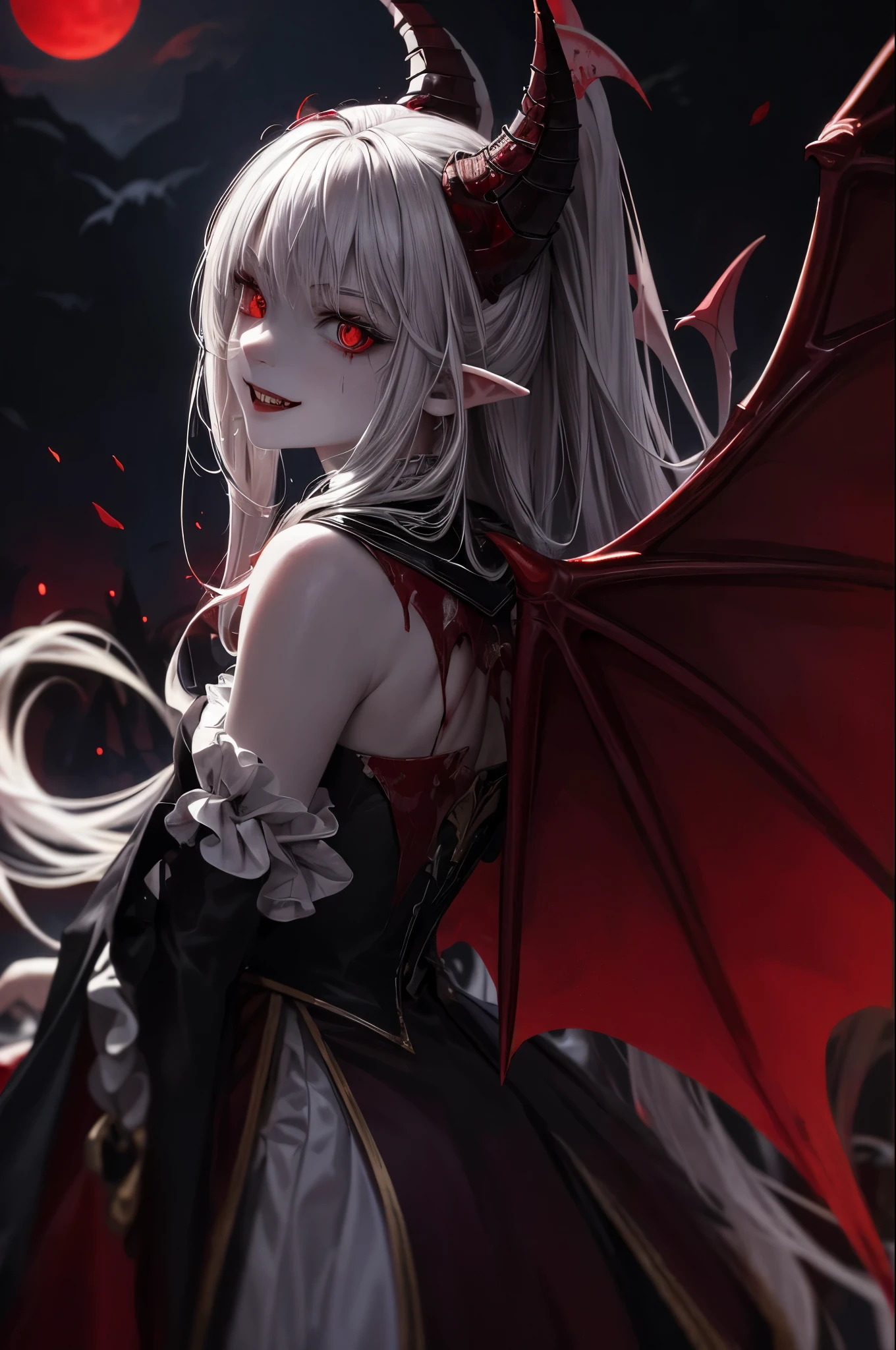 (Masterpiece: 1.2, best quality), (best lighting, very delicate and beautiful), (best lighting, very delicate and beautiful), (beautiful detailed face), (detailed eyes and detailed face: 1.2), dark fantasy, (young girl, little beast, 1girl, solo, crazy smile, pale skin, gray hair, red glowing eyes, dynamic angle, vampire), (get a vampire castle in the background), (Red Moon, Red Sky), pointy_ears, Fangs, Demon Wings, Demon Horns, Blood on the Face, Blood Rain, Blood Mist, (Depth of Field), High Contrast, (Blood Splash: 1.4), Cowboy Shot, Full Body,
