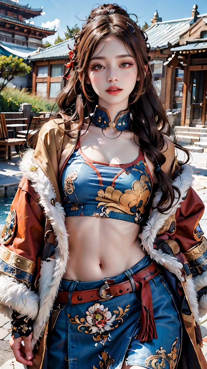 lifelike, high resolution, soft light,1 female, alone, Buttocks up, Shiny skin, (Detailed face), plateau,blue sky,grassland,Extremely detailed,torogao, Tibetan clothing, fur coat, jewelry, tattoo，brown hair，high ponytail，Long curly hair，red headdress，red eyes