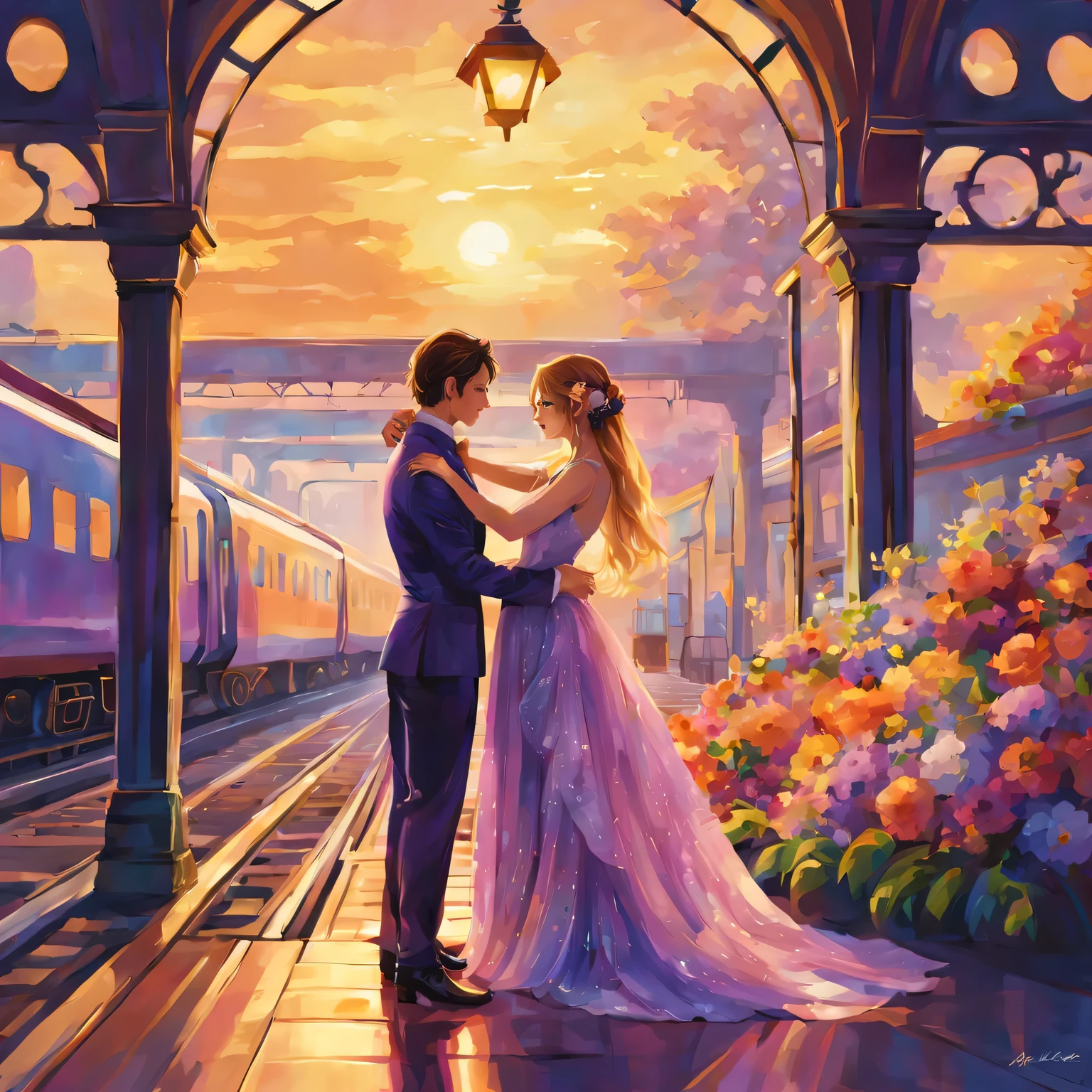 painting、、TRAIN STATION、Sunset、beautiful colors、Warm colors、Impressionism、Romantic氛围、soft strokes、dappled light、Beautifully阴影、rich texture、chiaroscuro、meticulous architecture、vibrant sky、Orange-purple tones、Blurred edges,(newlyweds),Romantic,(excellent,Charming atmosphere),(Beautifully,Emphasize the sunshine of their love),stare at each other's eyes,(Moderate,Affectionate hugs),(flowers)、(elegant ribbon tie)、(A train roars past in the background)、(Fairytale atmosphere)、(Eternal Love,Infinite dreams),(best quality)