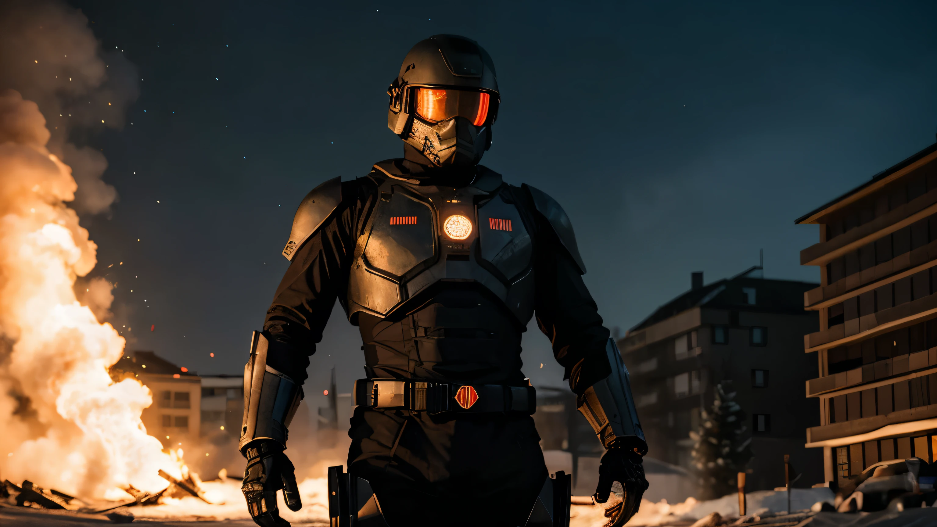 best quality,4K,8K,Hohe Strukturen,Meisterwerk:1.2),Hyper-Detaillierung,(realistischerweise,fotorealistisch, cinematic perspektive, bewaffnete Polizei, schwarzes Metall, Science-Fiction, Mech-Anzug, bewaffneter Cyborg, upper body, apokalyptischer Hintergrund,, Funken, Flammen, Rauch, Feuerhintergrund, Armeen von Monstern, Armageddon, Nachthintergrund,