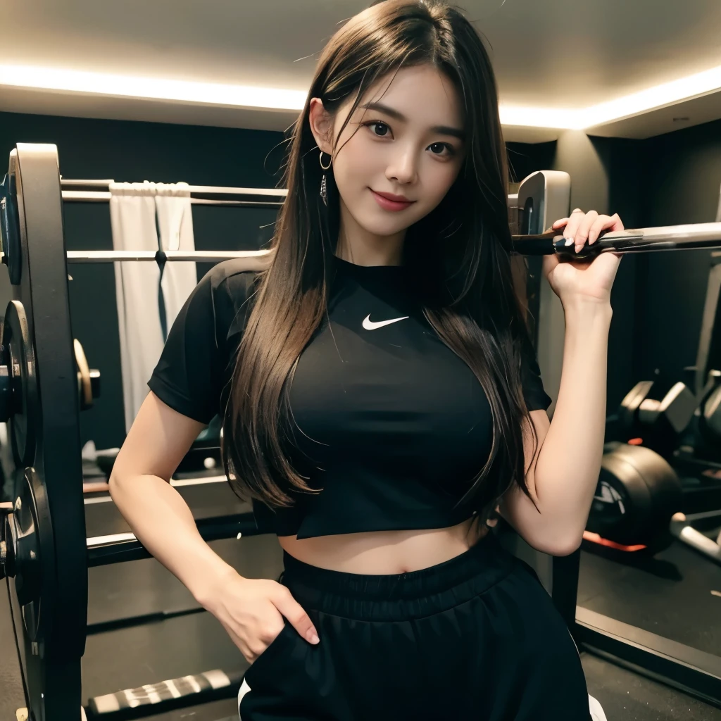 ((The Highest Quality、8k、master masterpiece:1.3)),1 girl, 20 years old girl, beautiful girl, very huge breast, long hair, nike black gym girl clothes, nike black gym suit, nike black gym bra and full pant, standing pose, wearing headphones, photo in gym ,front side,cute smile, smiling to viewers,looking to viewers, looking to camera, buzy gym, people in gym