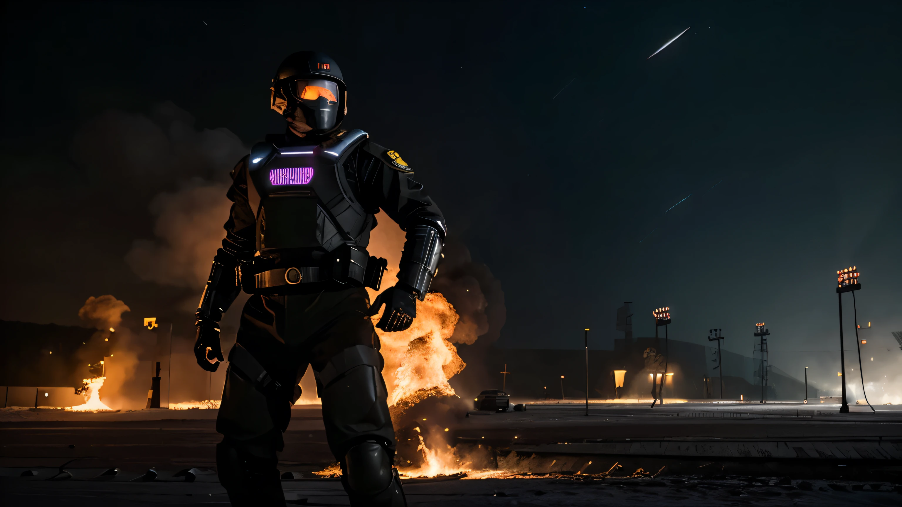 best quality,4K,8K,Hohe Strukturen,Meisterwerk:1.2),Hyper-Detaillierung,(realistischerweise,fotorealistisch, cinematic perspektive, bewaffnetes Polizeiteam, schwarzes Metall, Science-Fiction, Mech-Anzug, Bewaffnete Cyborgs, upper body, apokalyptischer Hintergrund,, Funken, Flammen, Rauch, Feuerhintergrund, Armeen von Monstern, Armageddon, Nachthintergrund,