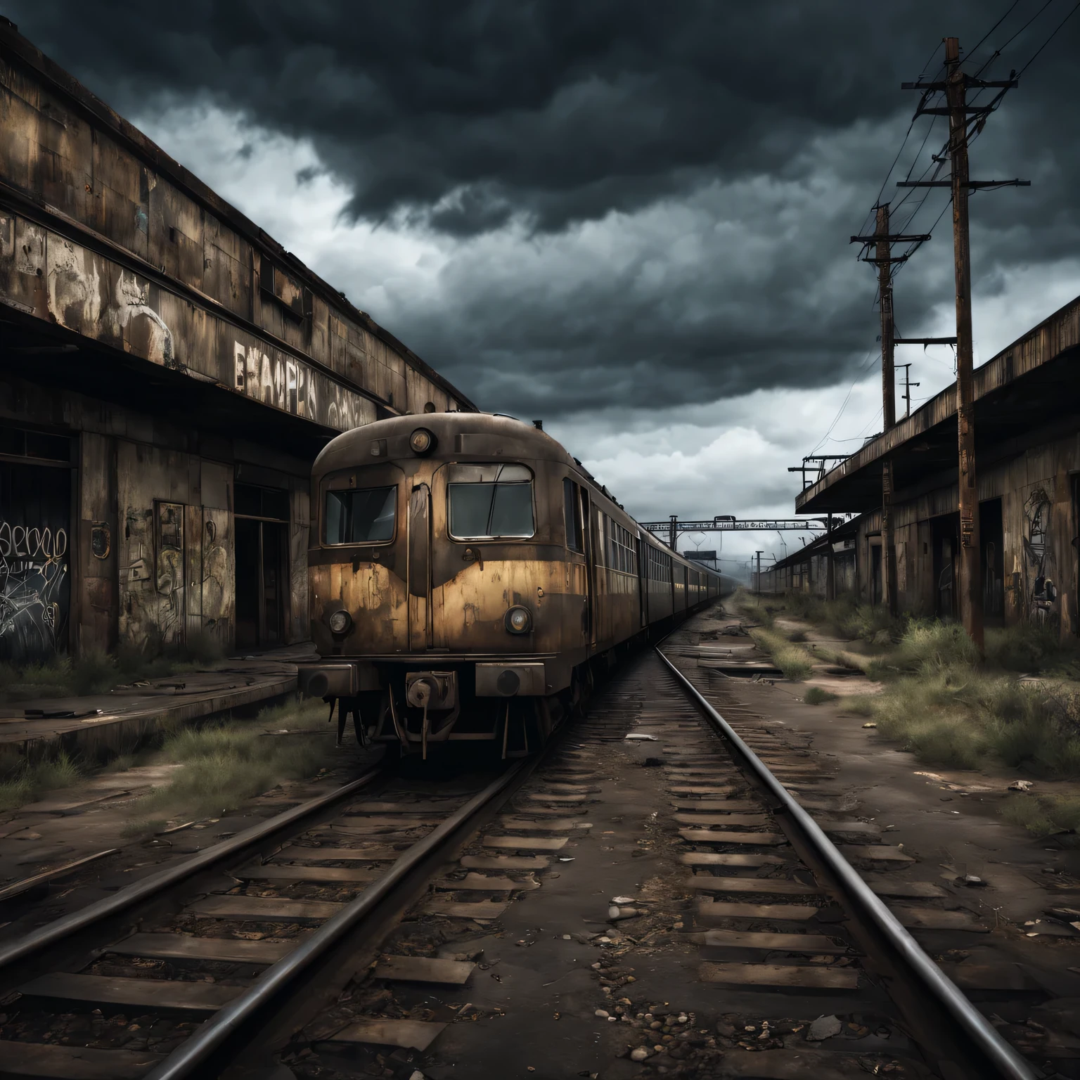 best quality,high resolution,Super detailed,actual,desolate wasteland style,Abandoned railway station and train,Dusty and rusty texture,Cracked concrete walls and broken windows,twisted metal,Deteriorated railroad tracks,Faded text and graffiti,Weathered and worn train wheels and machinery,Dark and gloomy atmosphere,Dim and moody lighting,Ominous clouds in the sky,Post-apocalyptic atmosphere