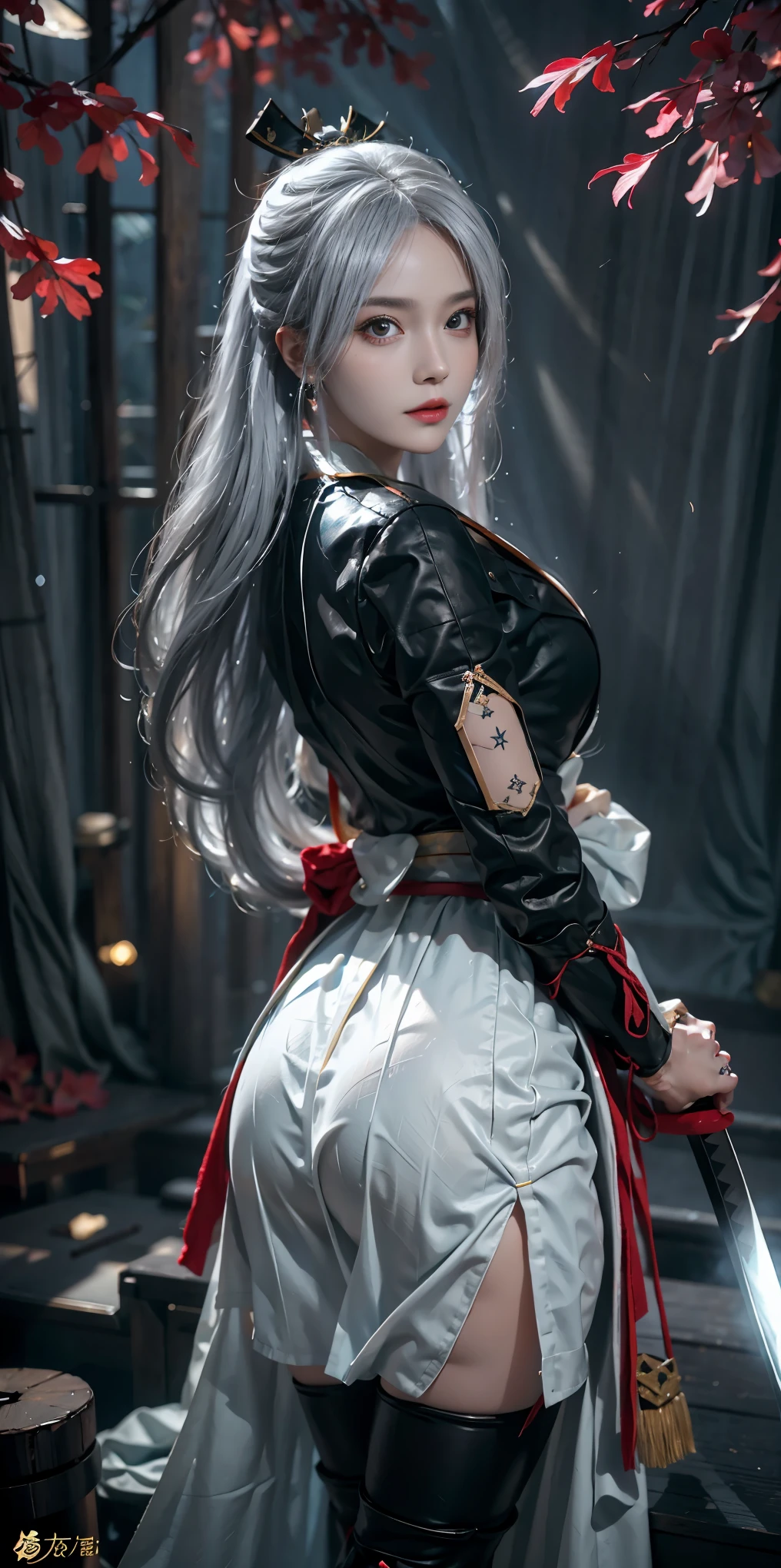 lifelike, high resolution, soft Light,1 female, alone, Buttocks up, (Detailed face), us \(piece\), tattoo, jewelry,long_hair, firefly, Light_particle, 松tree_tree, snowflake_background, milky_Way, antenna_fireworks, headgear, Place arms behind body, blue_Eye, Samurai sword
