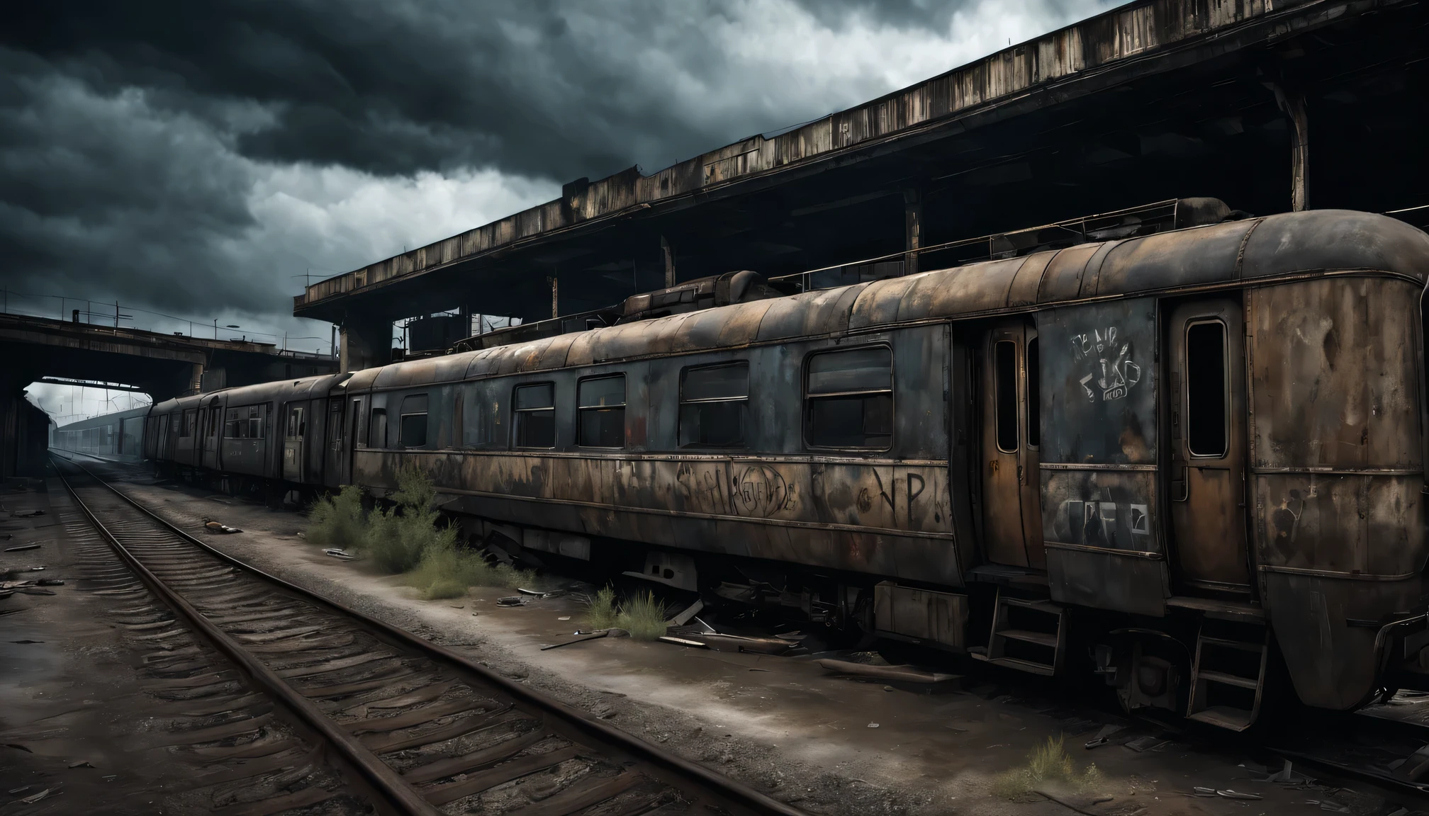 best quality,high resolution,Super detailed,actual,desolate wasteland style,Abandoned railway station and train,Dusty and rusty texture,Cracked concrete walls and broken windows,twisted metal,Deteriorated railroad tracks,Faded text and graffiti,Weathered and worn train wheels and machinery,Dark and gloomy atmosphere,Dim and moody lighting,Ominous clouds in the sky,Post-apocalyptic atmosphere