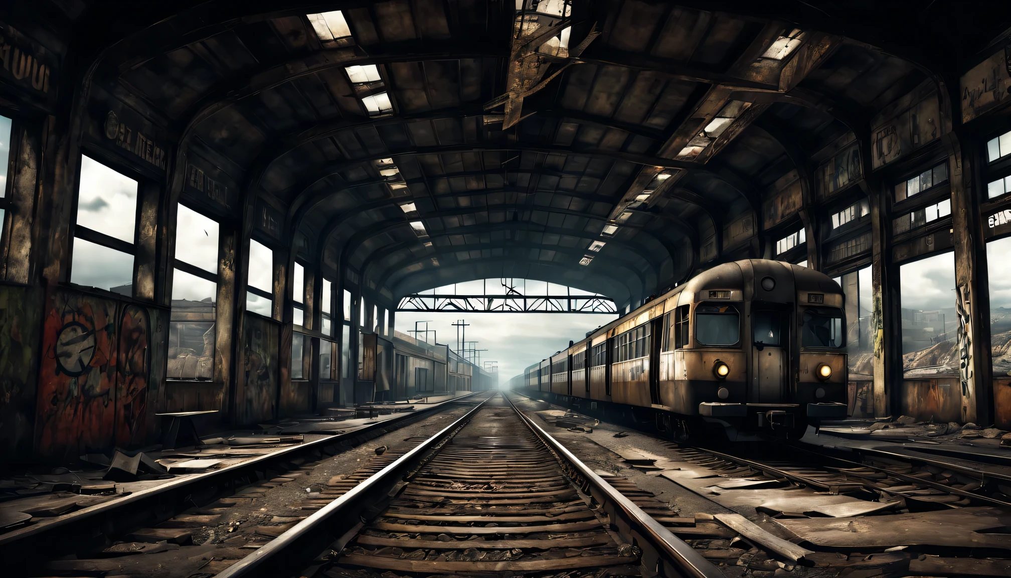 best quality,high resolution,Super detailed,actual,desolate wasteland style,Abandoned railway station and train,Dusty and rusty texture,Cracked concrete walls and broken windows,twisted metal,Deteriorated railroad tracks,Faded text and graffiti,Weathered and worn train wheels and machinery,Dark and gloomy atmosphere,The train light is broken,Ominous clouds in the sky,Post-apocalyptic atmosphere