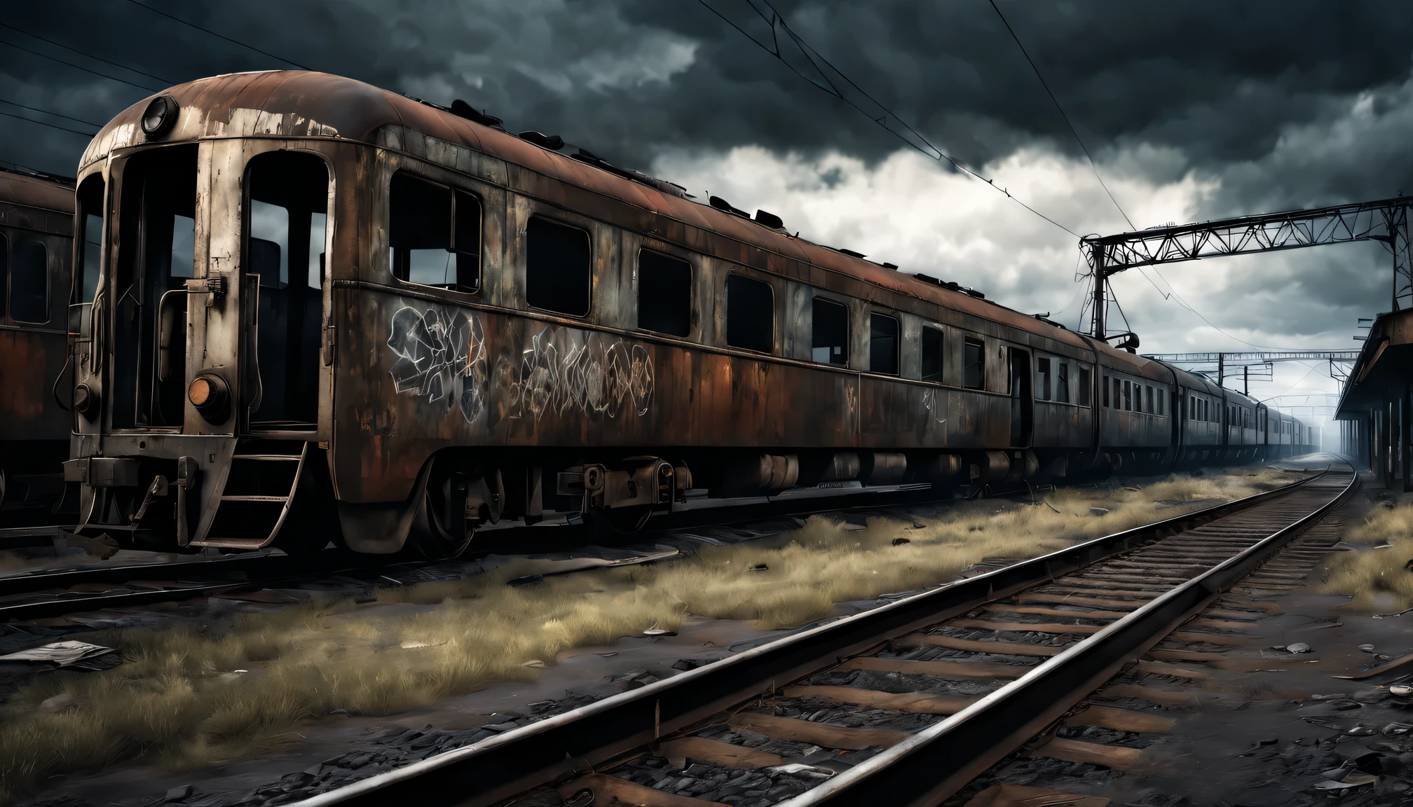 best quality,high resolution,Super detailed,actual,desolate wasteland style,Abandoned railway station and train,Dusty and rusty texture,Cracked concrete walls and broken windows,twisted metal,Deteriorated railroad tracks,Faded text and graffiti,Weathered and worn train wheels and machinery,Dark and gloomy atmosphere,Dim and moody lighting,Ominous clouds in the sky,Post-apocalyptic atmosphere