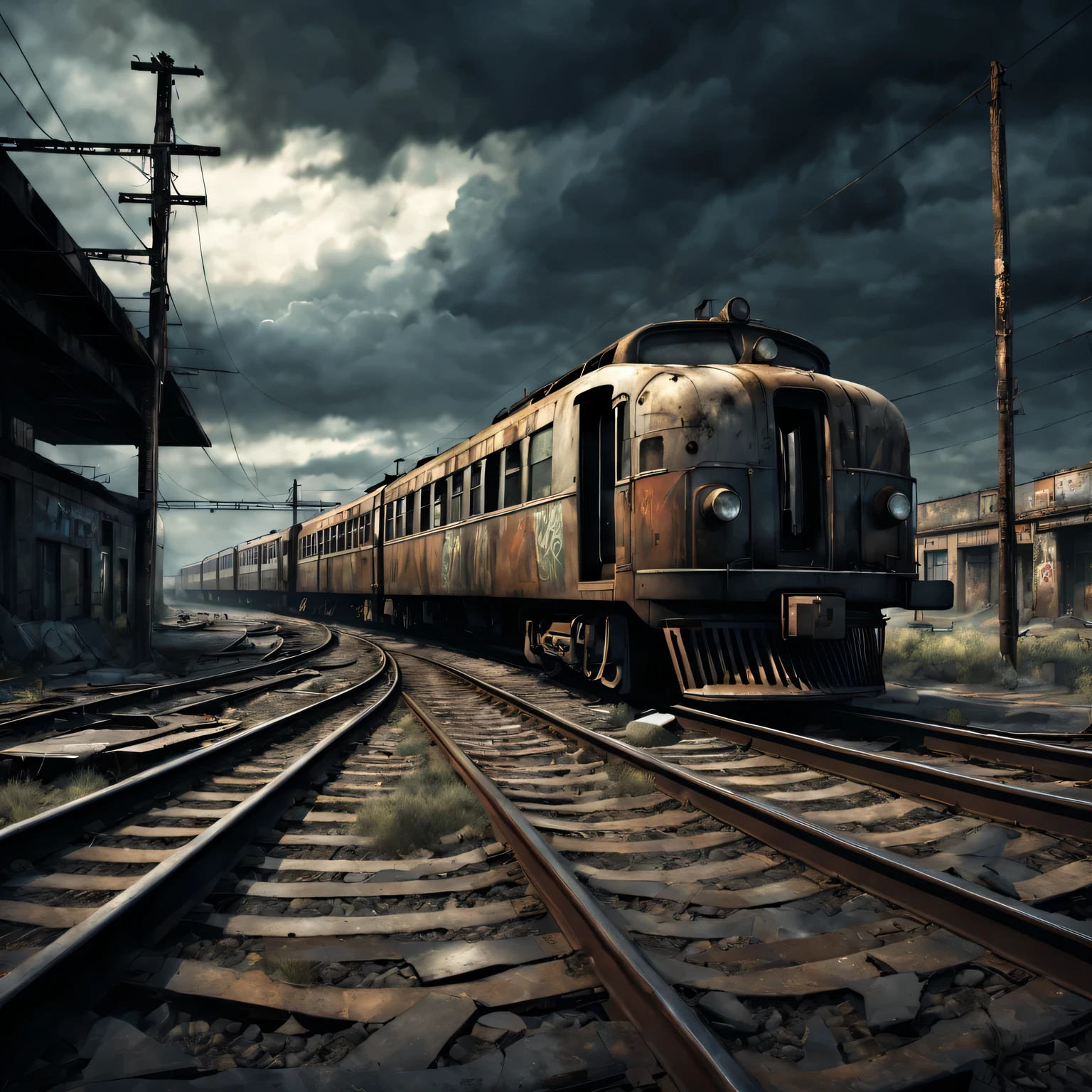 best quality,high resolution,Super detailed,actual,desolate wasteland style,Abandoned railway station and train,Dusty and rusty texture,Cracked concrete walls and broken windows,twisted metal,Deteriorated railroad tracks,Faded text and graffiti,Weathered and worn train wheels and machinery,Dark and gloomy atmosphere,Dim and moody lighting,Ominous clouds in the sky,Post-apocalyptic atmosphere