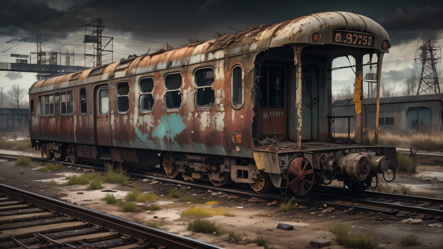 best quality,high resolution,Super detailed,actual,desolate wasteland style,Abandoned railway station and train,Dusty and rusty texture,Cracked concrete walls and broken windows,twisted metal,Deteriorated railroad tracks,Faded text and graffiti,Weathered and worn train wheels and machinery,Dark and gloomy atmosphere,Dim and moody lighting,Ominous clouds in the sky,Post-apocalyptic atmosphere