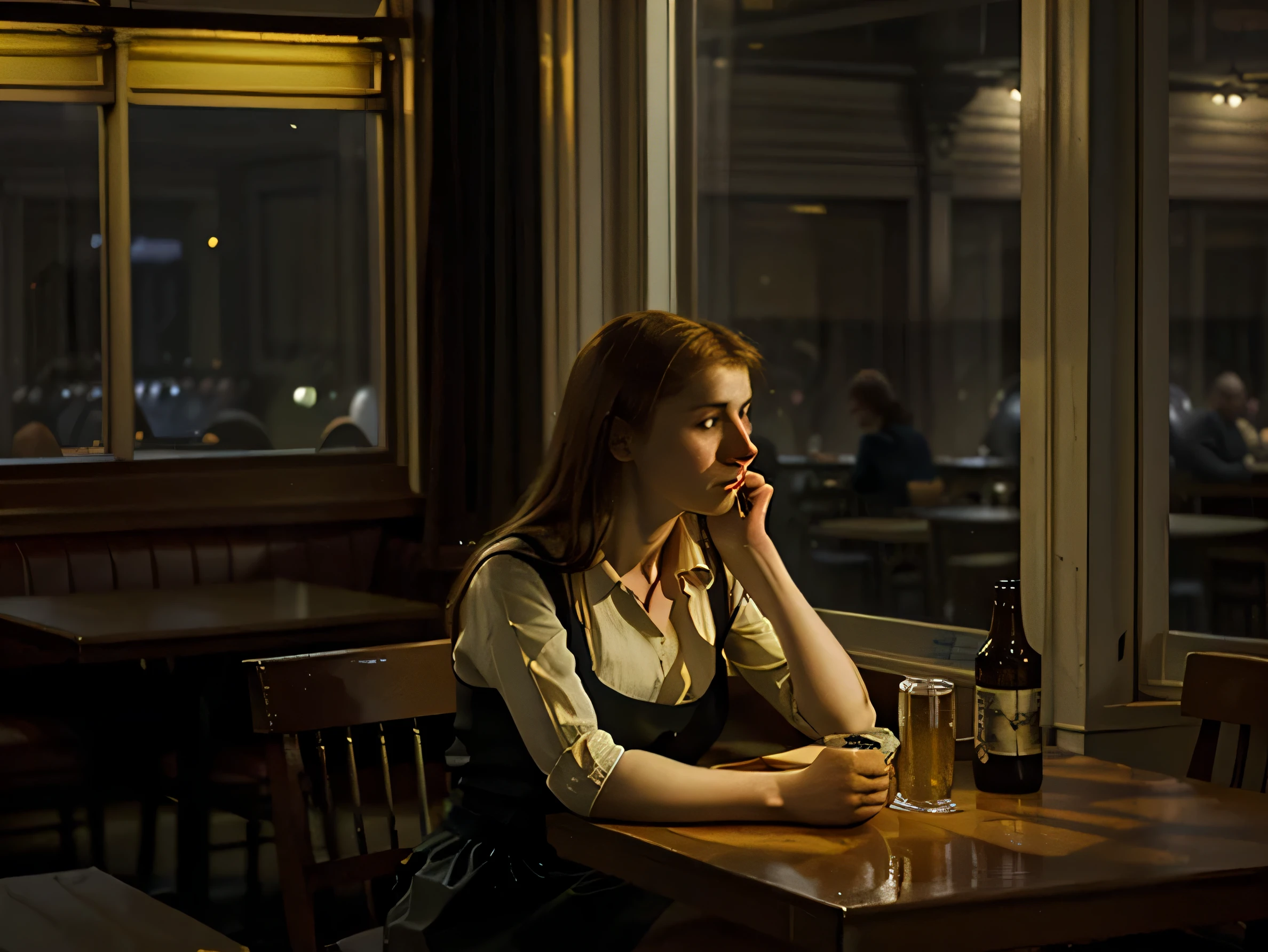 edward hopper style painting, beautiful lonely woman, sitting at a table in a large restaurant, beer bottle, looking out a window at night