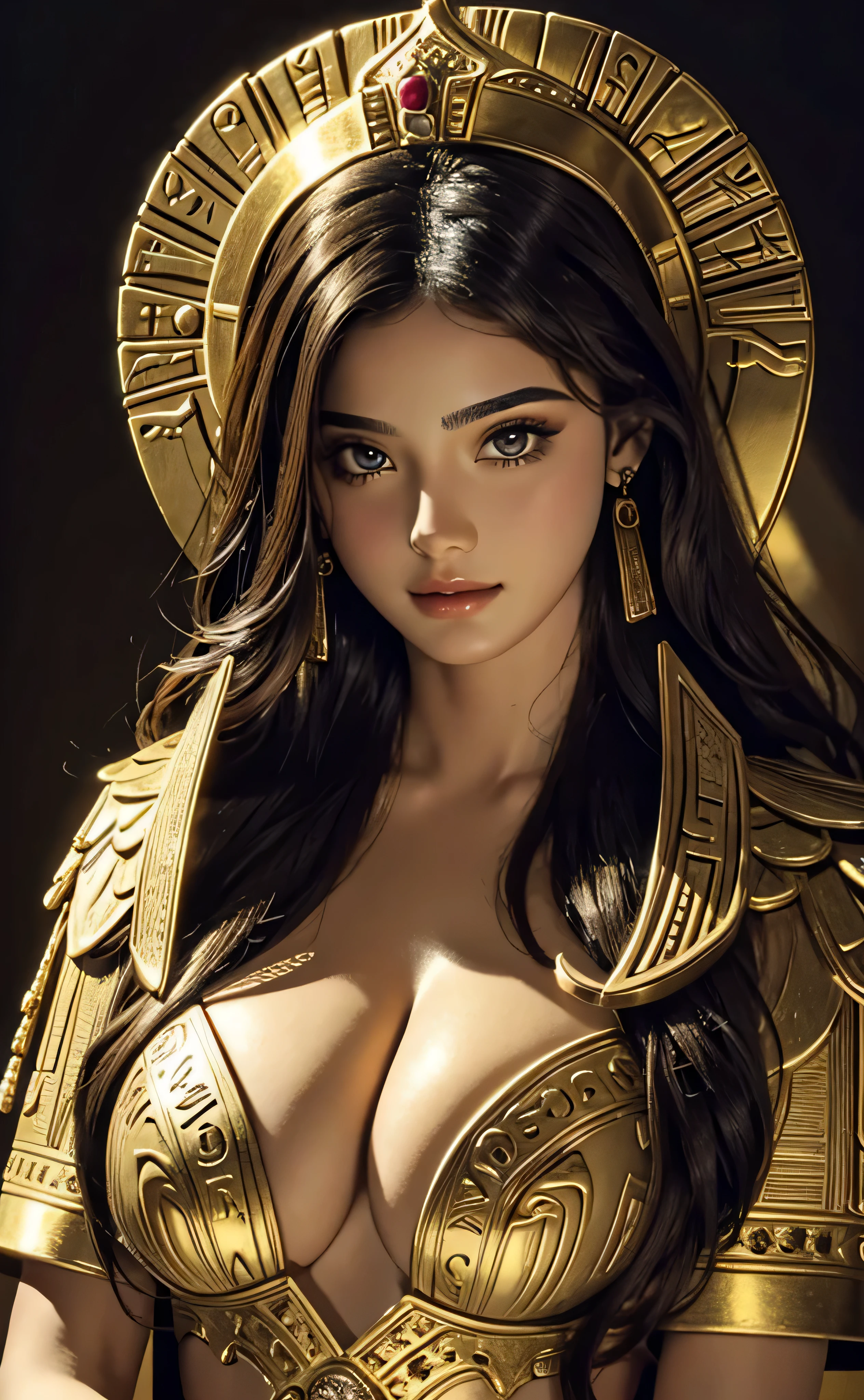 masterpiece, egyptian goddess, queen, pretty face, perfect body, big breasts, dark background.