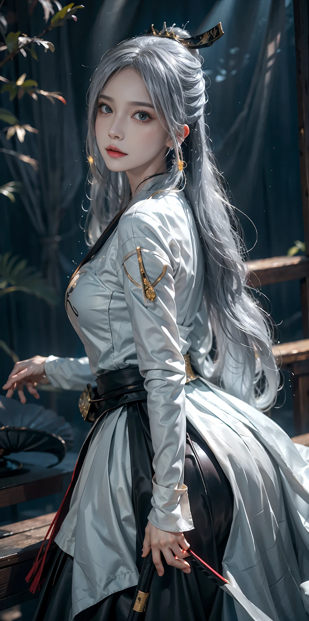 lifelike, high resolution, soft Light,1 female, alone, Buttocks up, (Detailed face), us \(piece\), tattoo, jewelry,long_hair, firefly, Light_particle, 松tree_tree, snowflake_background, milky_Way, antenna_fireworks, headgear, Place arms behind body, blue_Eye, Samurai sword