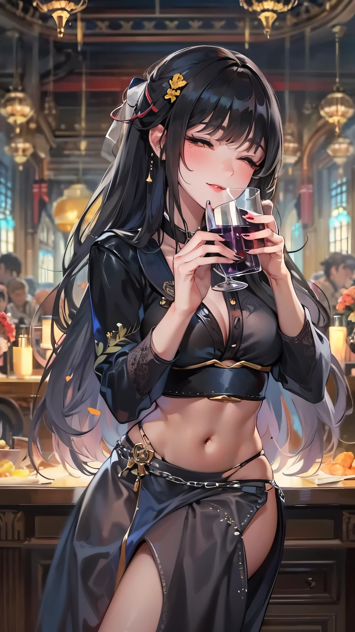 (drinking glass in grape juice) (solo:1.3 blunt:1.3 bangs black hair long hair beautiful divine girl, 14 yo, detailed closed eyes, sexy smile), in a shrine maiden costume, (background is party venue), break, perfect anatomy, masterpiece:1.3, best quality, 8k, beautiful detailed grow, daydreaming expression