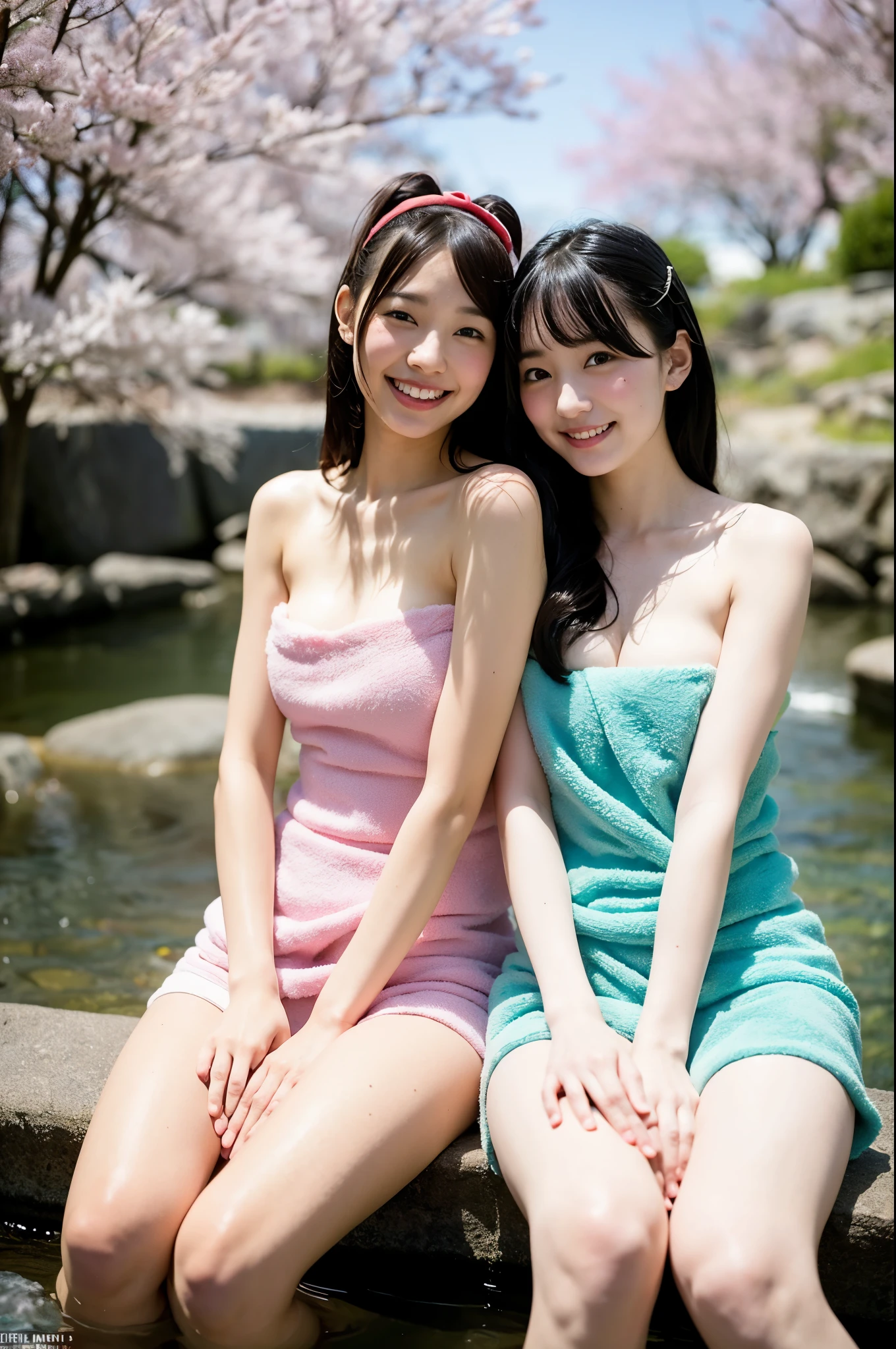 2 girls with white towel in hot spring in autumn,strapless,18-year-old,bangs,a little smiles,thighs,crotch,knees,short cut hair,low poneytail,wet hair and wet body,from below