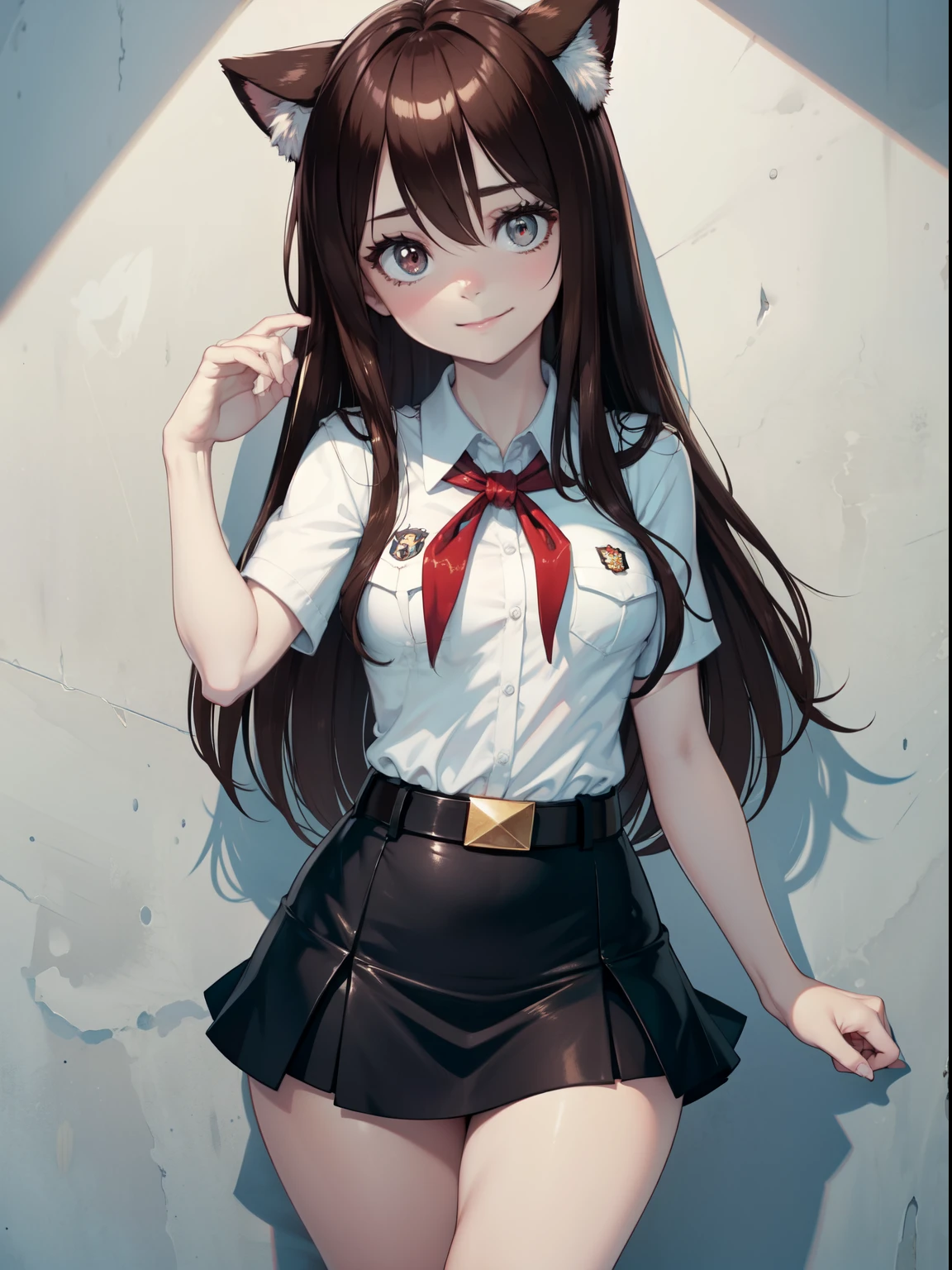 very young slim fit girl, full height, rounded face, (very long disheveled dark brown hair:1.5), big brown eyes, shy smile, perfect flat breast, band on head with fake cat ears, sashagrey, pioneer neckerchief, short tight blue pleated skirt, bangs, tight white shirt, short sleeves, collared shirt, belt, red neckerchief, breast pocket, white wall, a strand between the eyes, parororo 