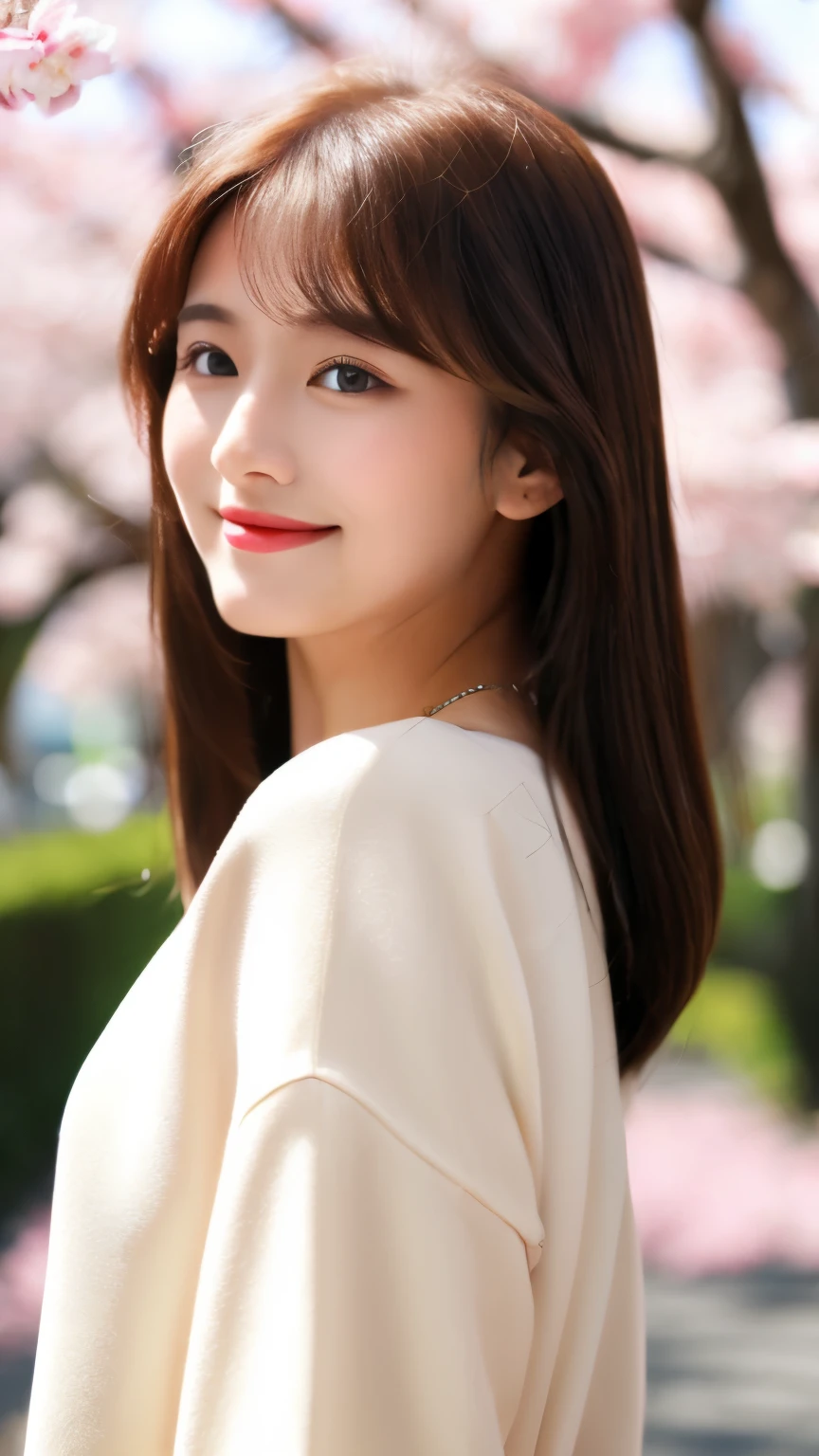 best quality, ultra-high resolution, real, photorealistic, 8K, BREAK, a Japanese girl, cute, pretty, full body, full body, BREAK, long and light brown hair, white skin, blushing cheeks, detailed red lips, drunk, smile, BREAK, black and white jacket, a necklace, BREAK, (a lamborghini in the background, in a sakura trees lining the street), natural lighting